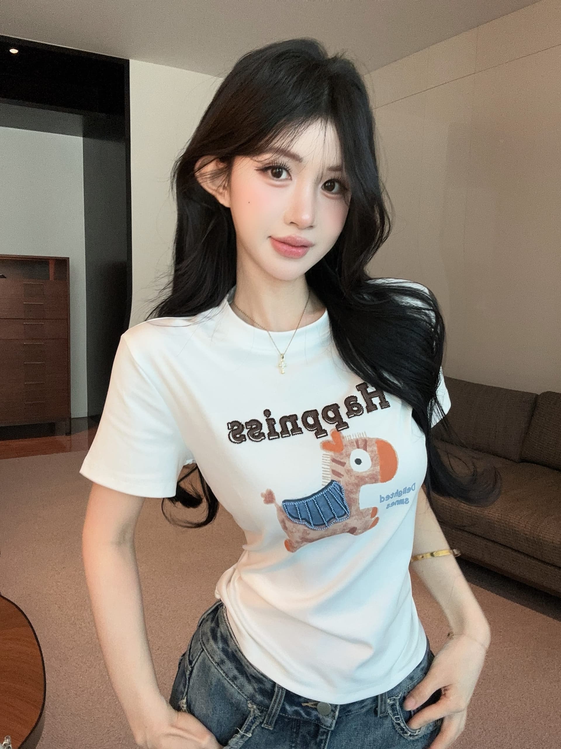 실사 정가 활력 작은 말 명시적 스티치 3 차원 자수 프린트 반팔 티셔츠 여성 라운드 넥 맨위 상세 이미지 10