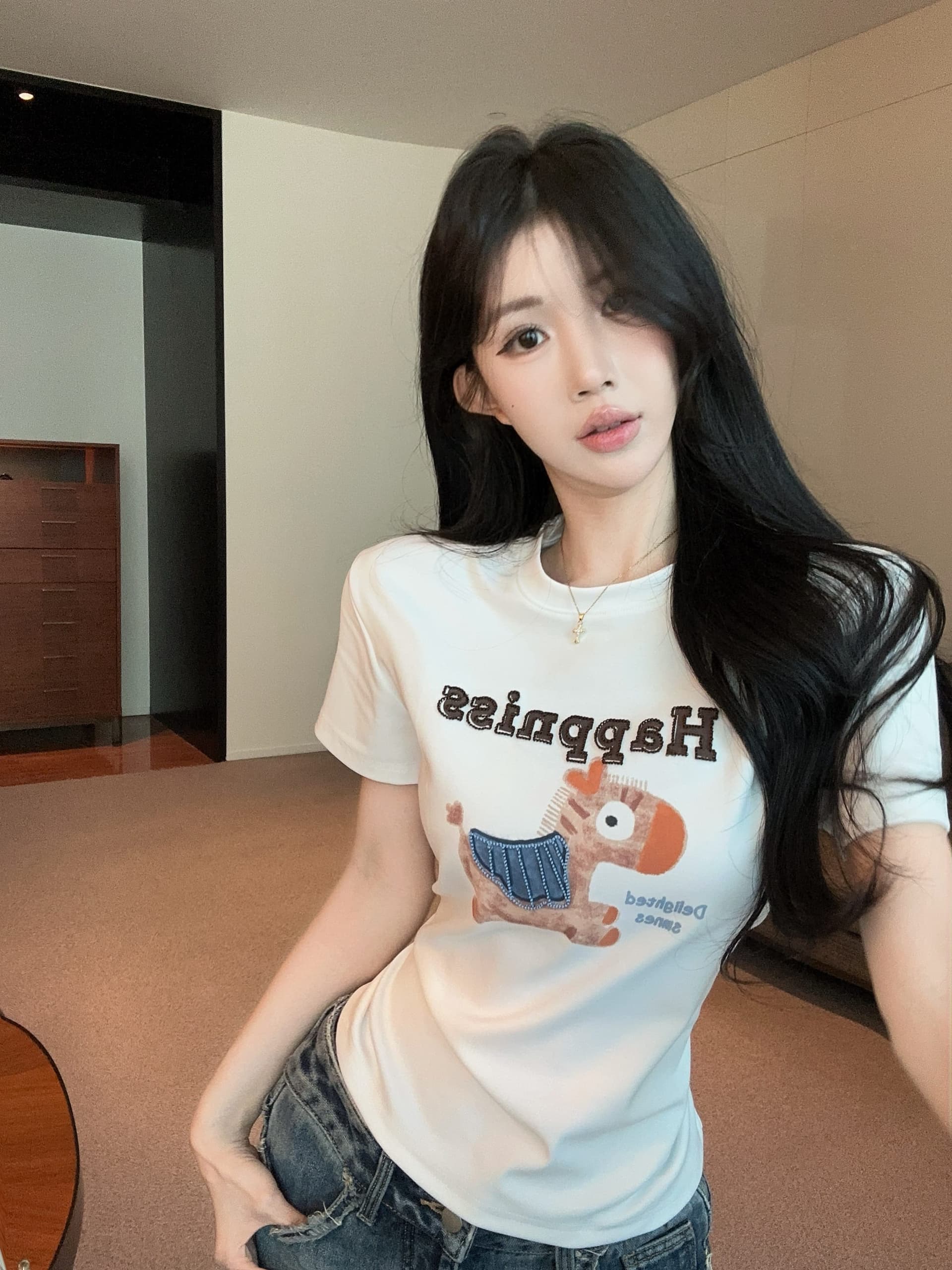 실사 정가 활력 작은 말 명시적 스티치 3 차원 자수 프린트 반팔 티셔츠 여성 라운드 넥 맨위 상세 이미지 11