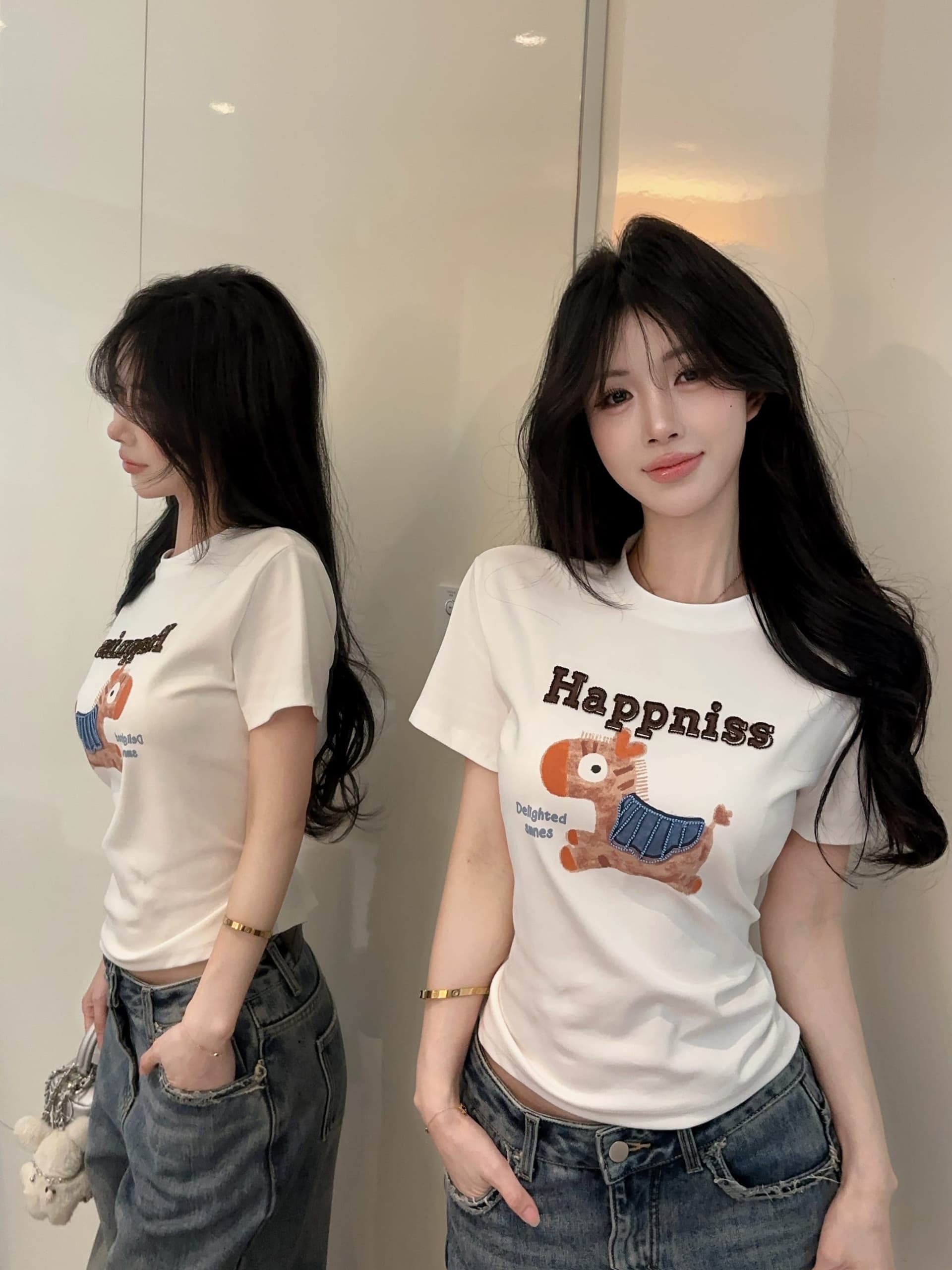 실사 정가 활력 작은 말 명시적 스티치 3 차원 자수 프린트 반팔 티셔츠 여성 라운드 넥 맨위 상세 이미지 13