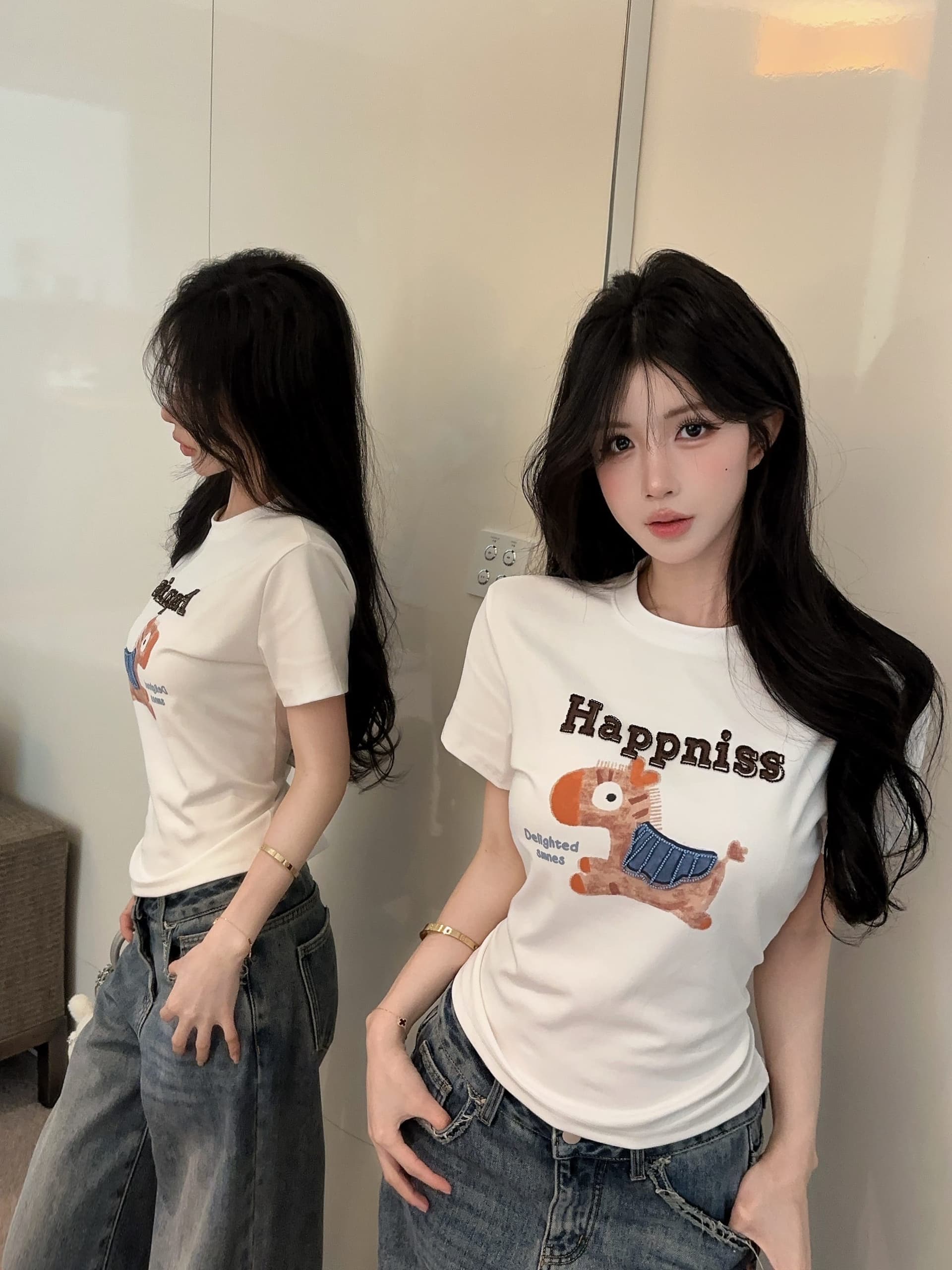 실사 정가 활력 작은 말 명시적 스티치 3 차원 자수 프린트 반팔 티셔츠 여성 라운드 넥 맨위 상세 이미지 14