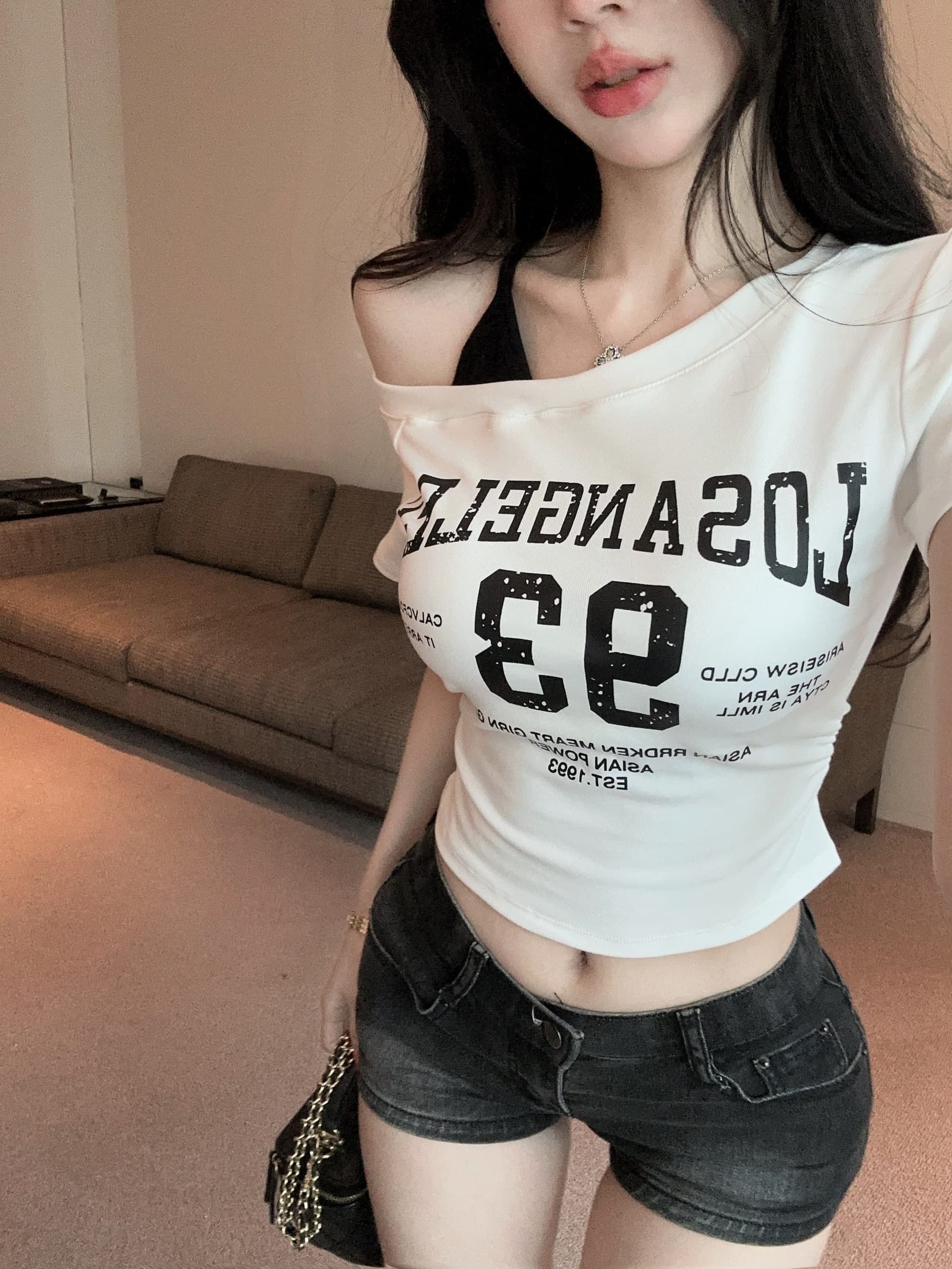 실사 정가 벨트 가슴 패드 디자인 센스 비스듬한 어깨 페이크 레이어드 알파벳 프린트 반팔 몸매 가꾸기 슬림해 보이는 맨위 상세 이미지 7