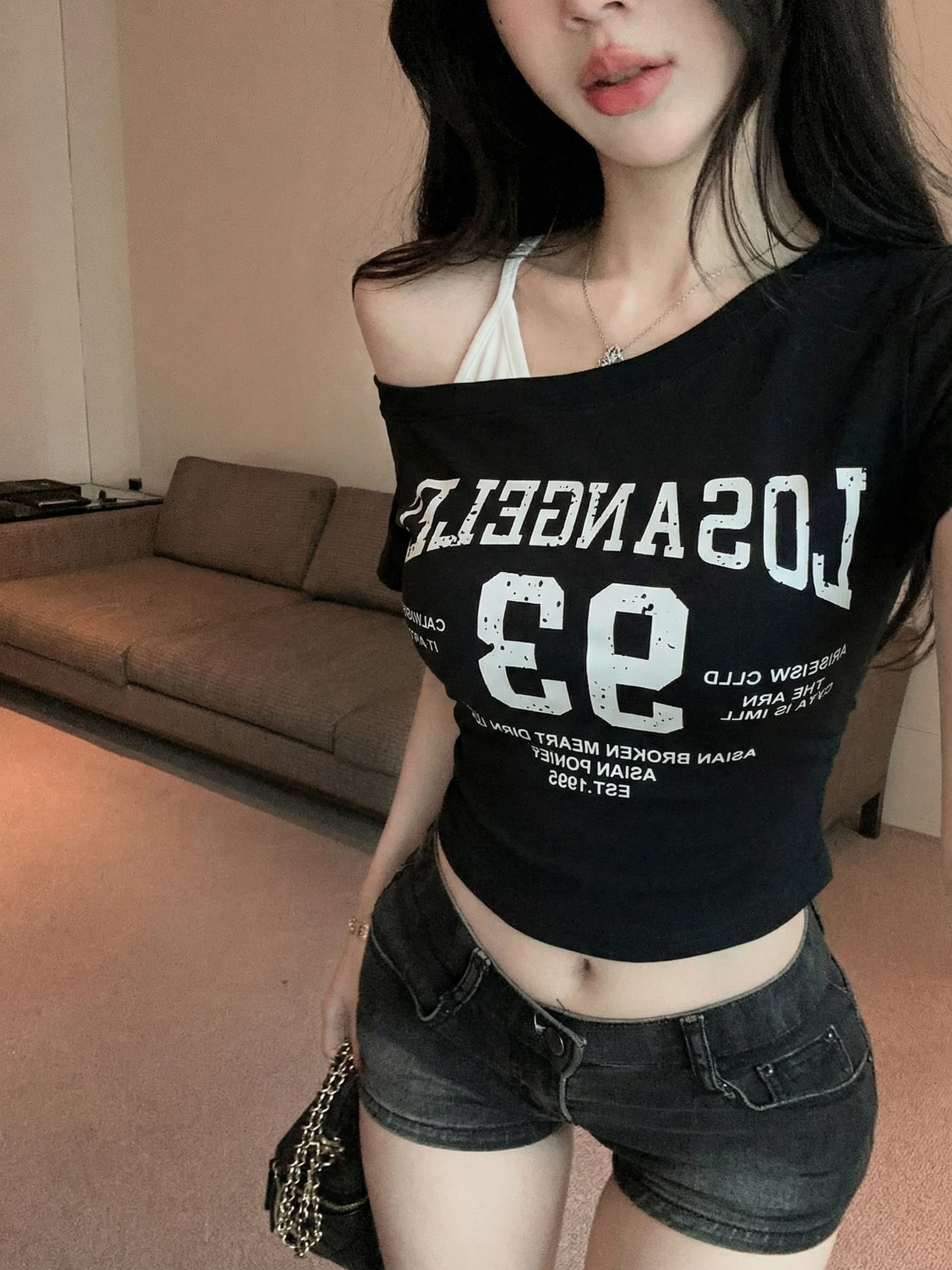실사 정가 벨트 가슴 패드 디자인 센스 비스듬한 어깨 페이크 레이어드 알파벳 프린트 반팔 몸매 가꾸기 슬림해 보이는 맨위 상세 이미지 15