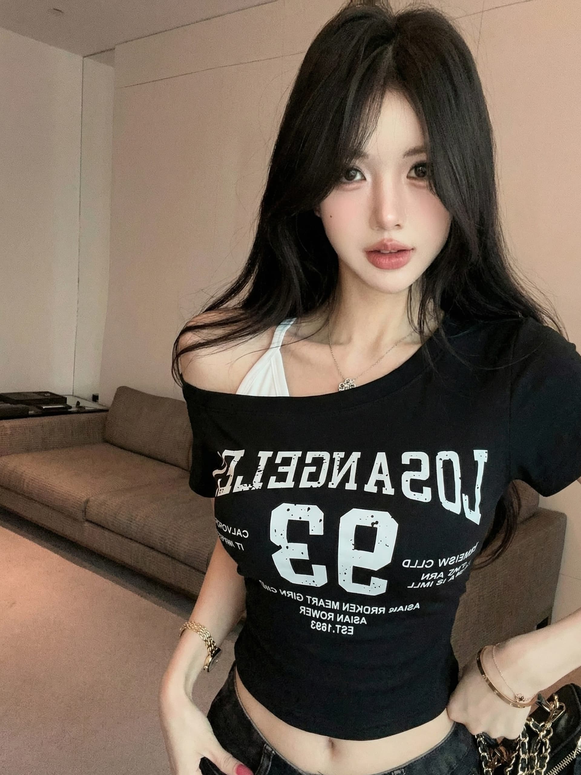 실사 정가 벨트 가슴 패드 디자인 센스 비스듬한 어깨 페이크 레이어드 알파벳 프린트 반팔 몸매 가꾸기 슬림해 보이는 맨위 상세 이미지 16