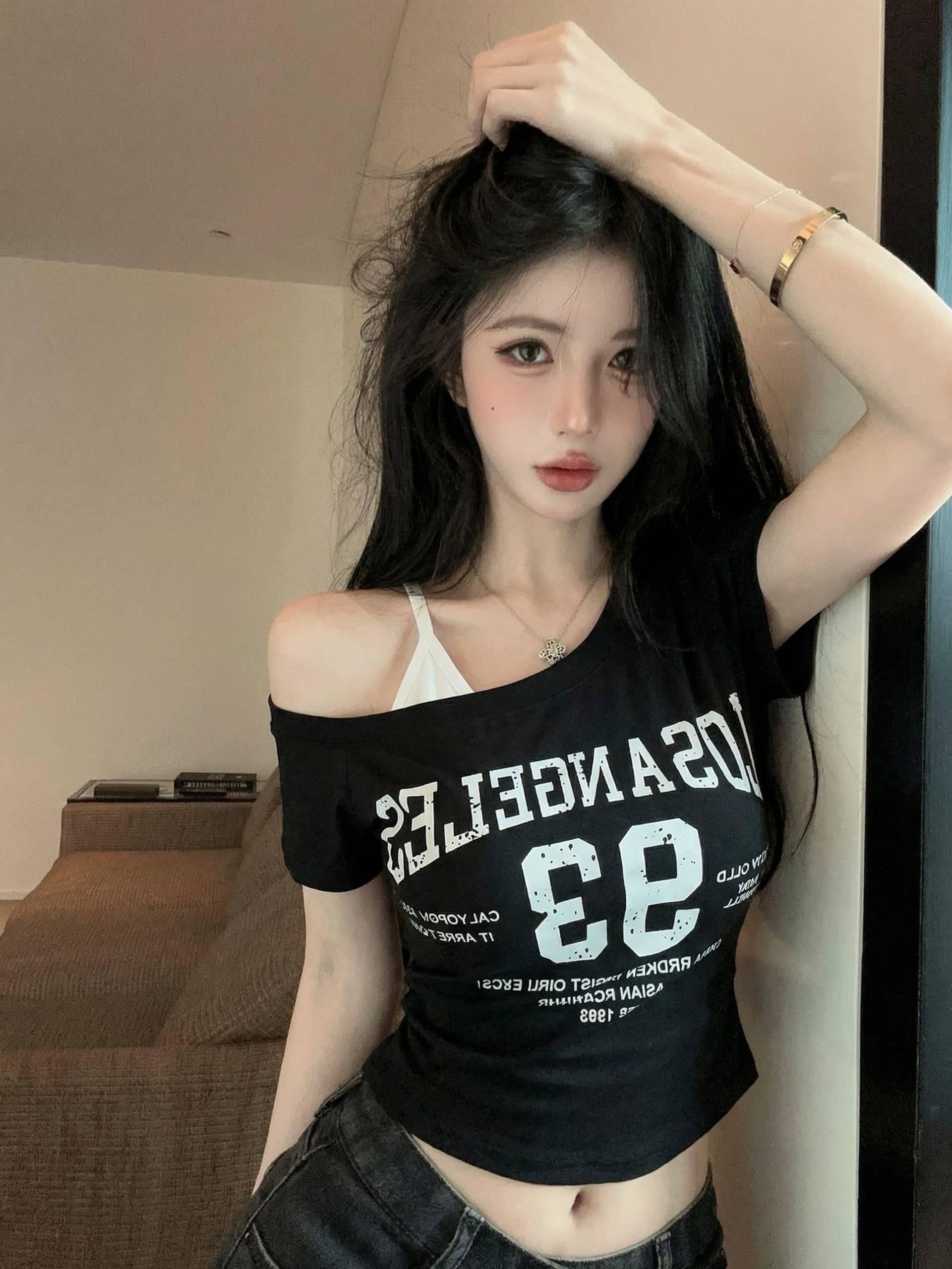실사 정가 벨트 가슴 패드 디자인 센스 비스듬한 어깨 페이크 레이어드 알파벳 프린트 반팔 몸매 가꾸기 슬림해 보이는 맨위 상세 이미지 21