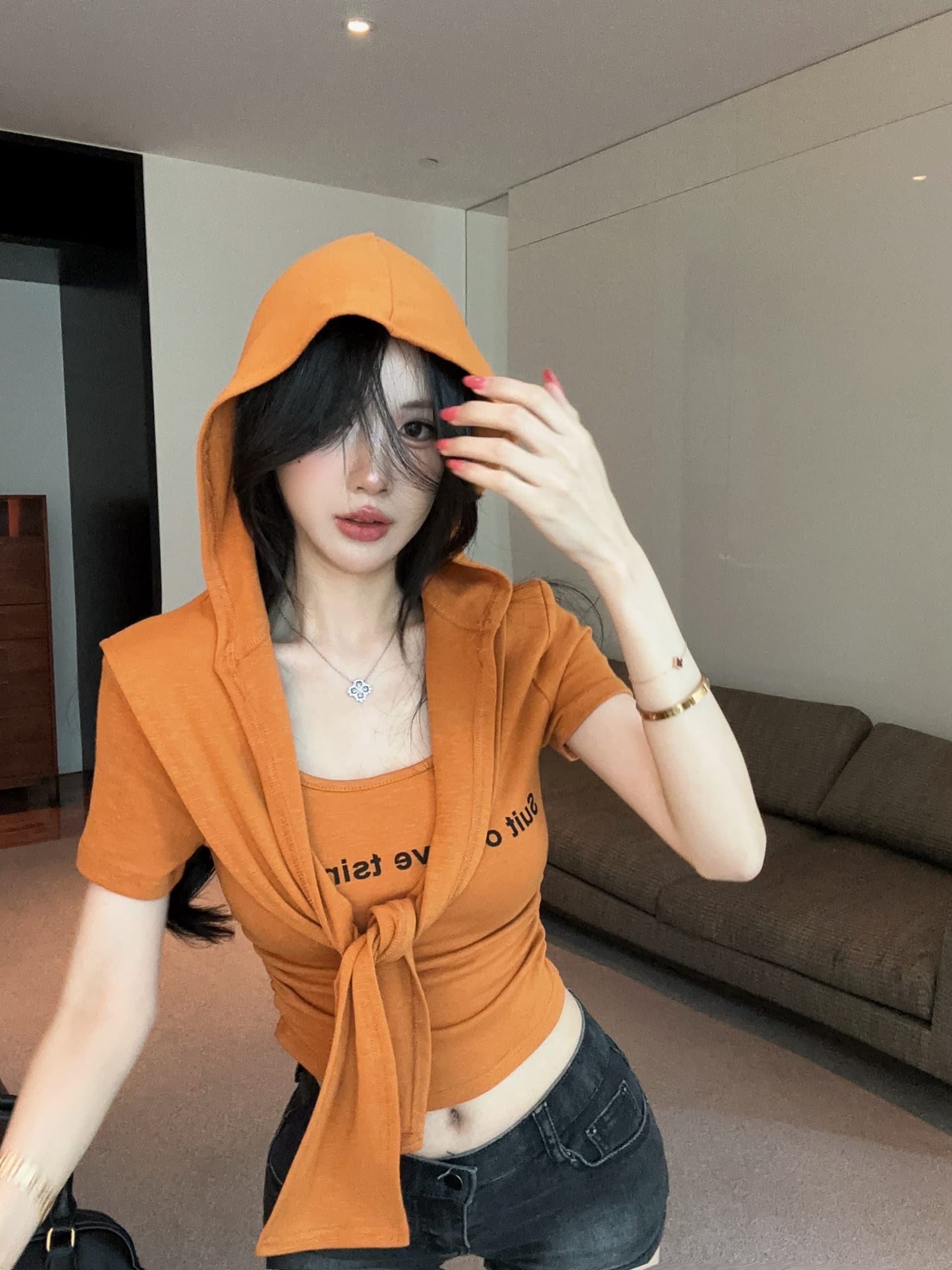실사 정가 여름 새로운 패션 다용도 라운드 넥 티셔츠 여성 후드 숄 투피스 슈트 상세 이미지 10