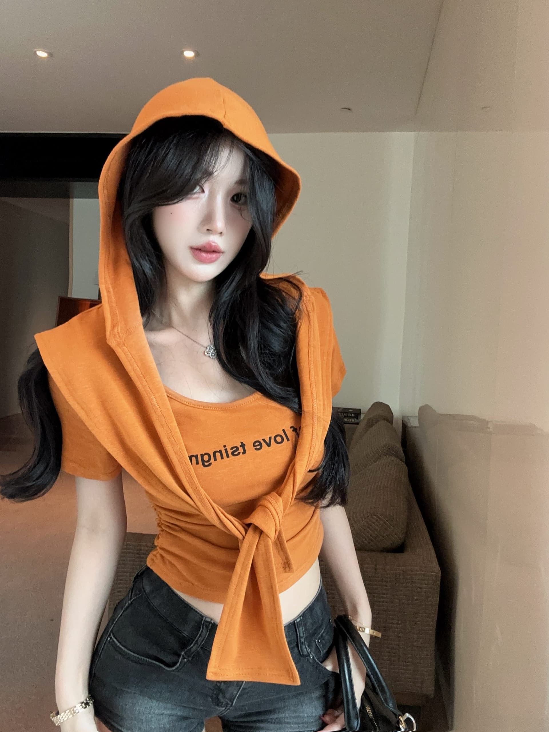 실사 정가 여름 새로운 패션 다용도 라운드 넥 티셔츠 여성 후드 숄 투피스 슈트 상세 이미지 13