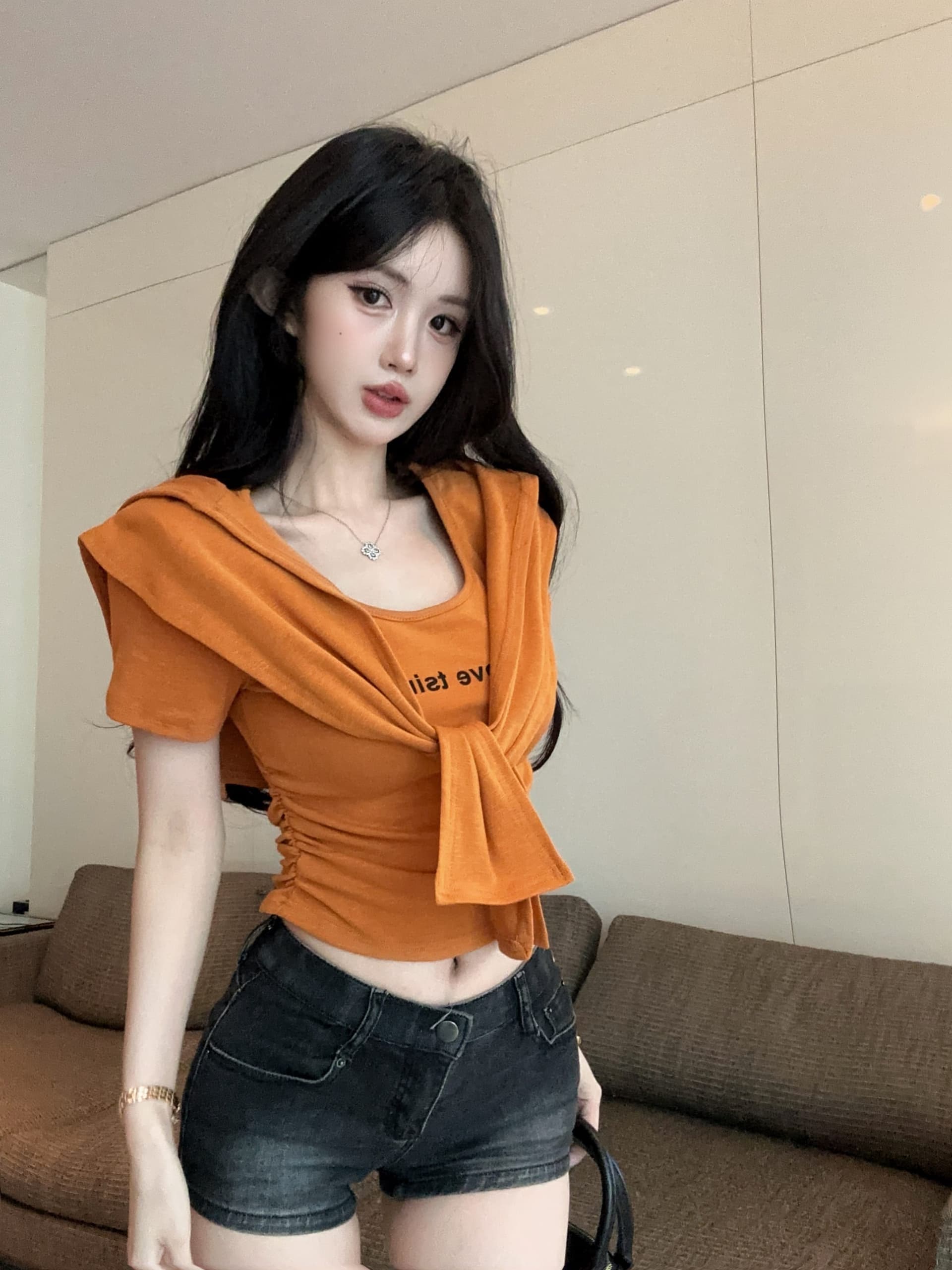 실사 정가 여름 새로운 패션 다용도 라운드 넥 티셔츠 여성 후드 숄 투피스 슈트 상세 이미지 17
