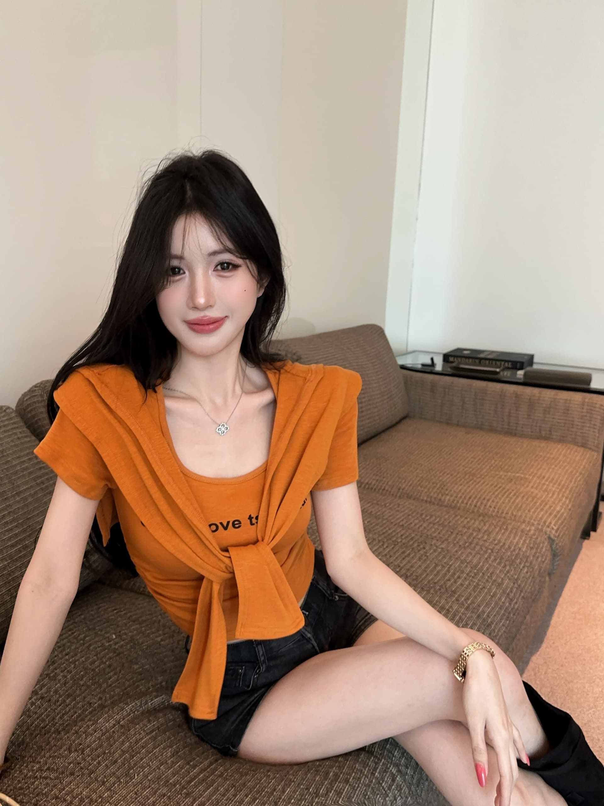 실사 정가 여름 새로운 패션 다용도 라운드 넥 티셔츠 여성 후드 숄 투피스 슈트 상세 이미지 18