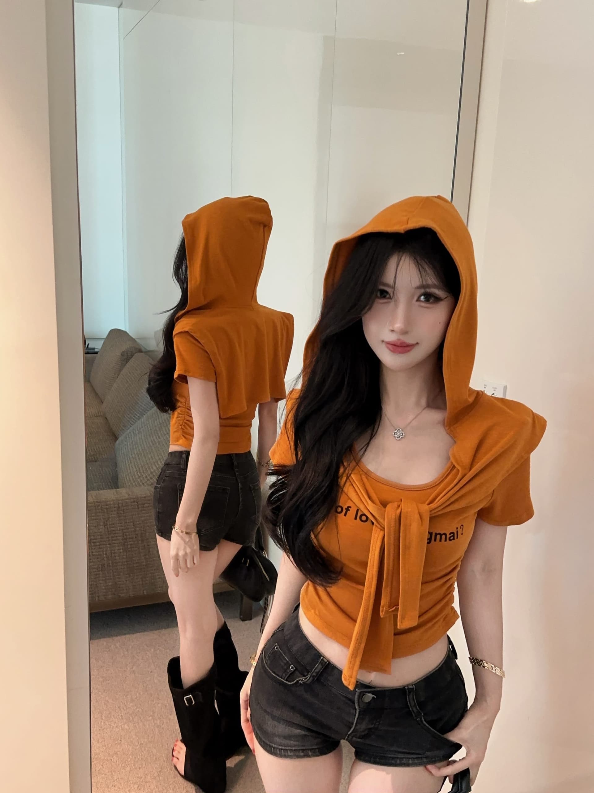 실사 정가 여름 새로운 패션 다용도 라운드 넥 티셔츠 여성 후드 숄 투피스 슈트 상세 이미지 20