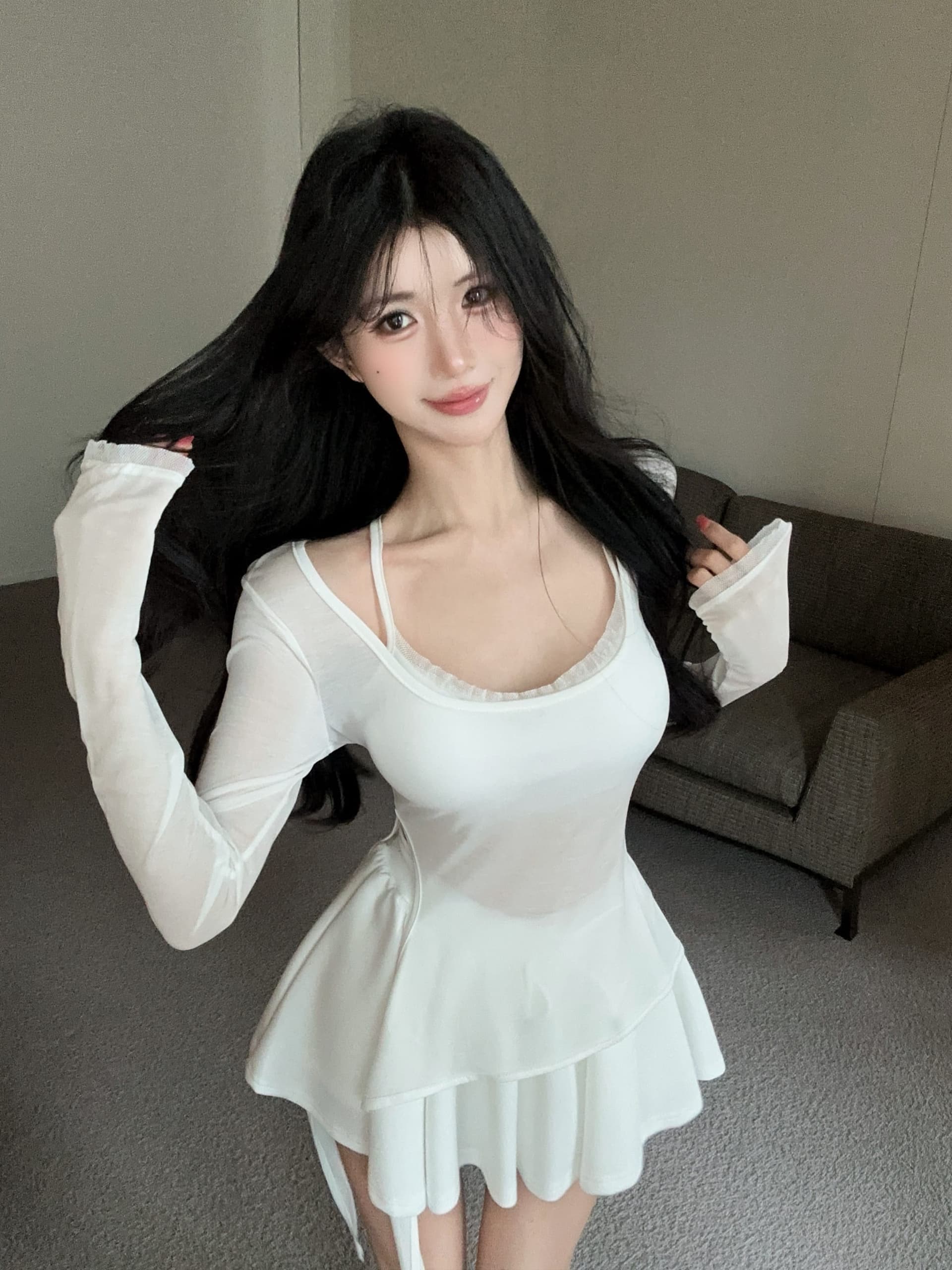 실사 정가 해변가 휴가 바람 태양 보호 셔츠 레이스 측면 캐미솔 펌프 로프 반신 스커트 세 조각 세트 상세 이미지 1