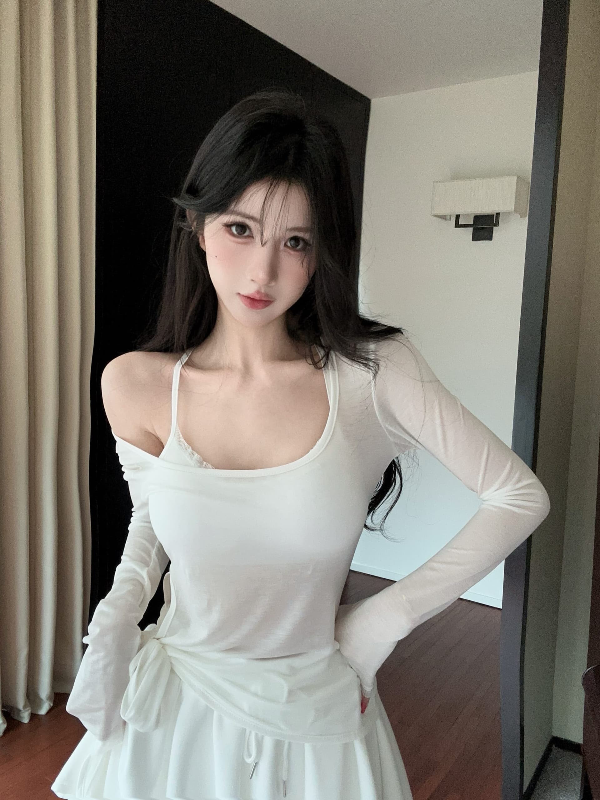 실사 정가 해변가 휴가 바람 태양 보호 셔츠 레이스 측면 캐미솔 펌프 로프 반신 스커트 세 조각 세트 상세 이미지 4