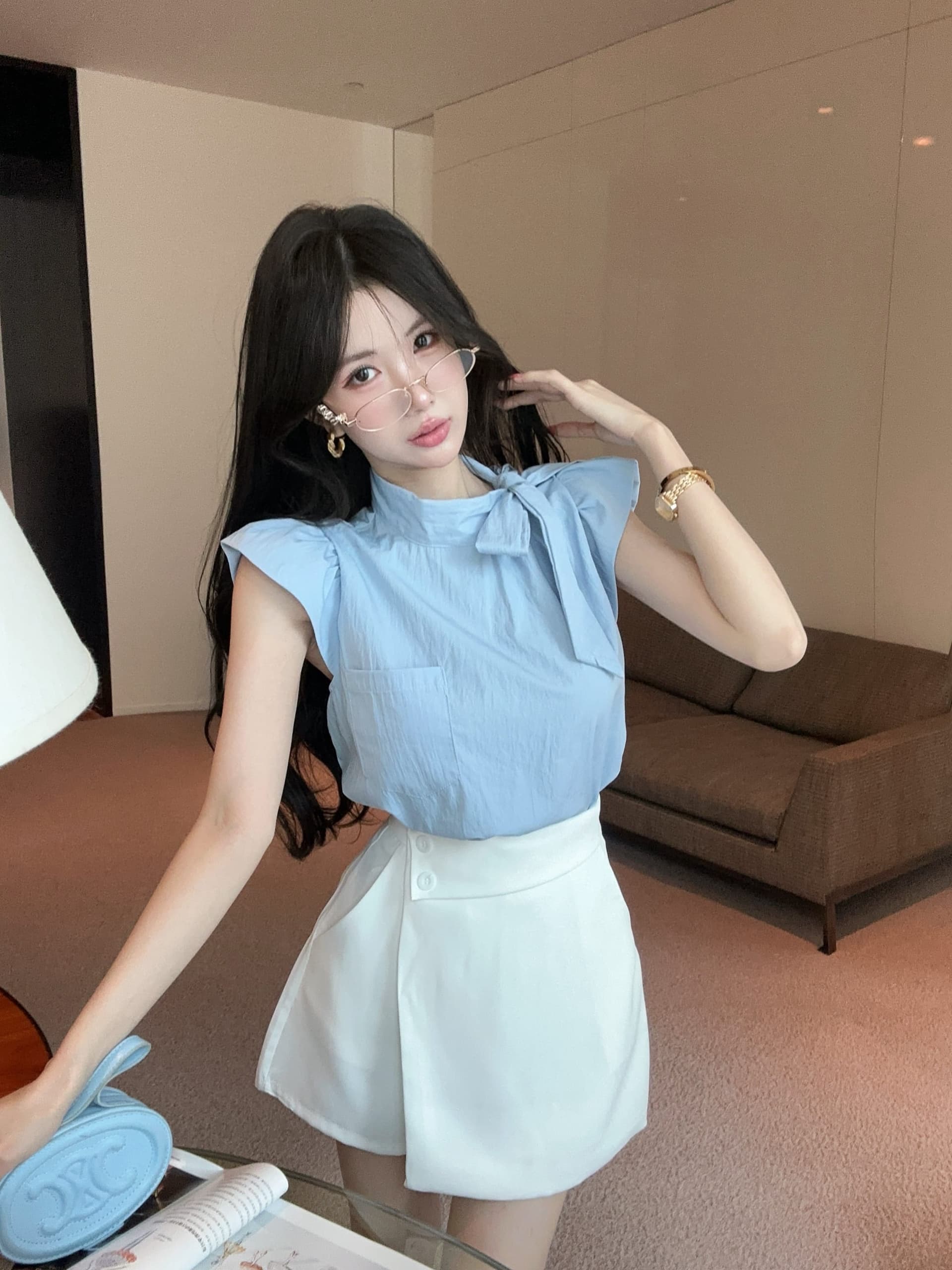 실사 정가 디자인 센스 Feifei 소매 레이스 업 셔츠 슬림해 보이는 바지 투피스 슈트 상세 이미지 2