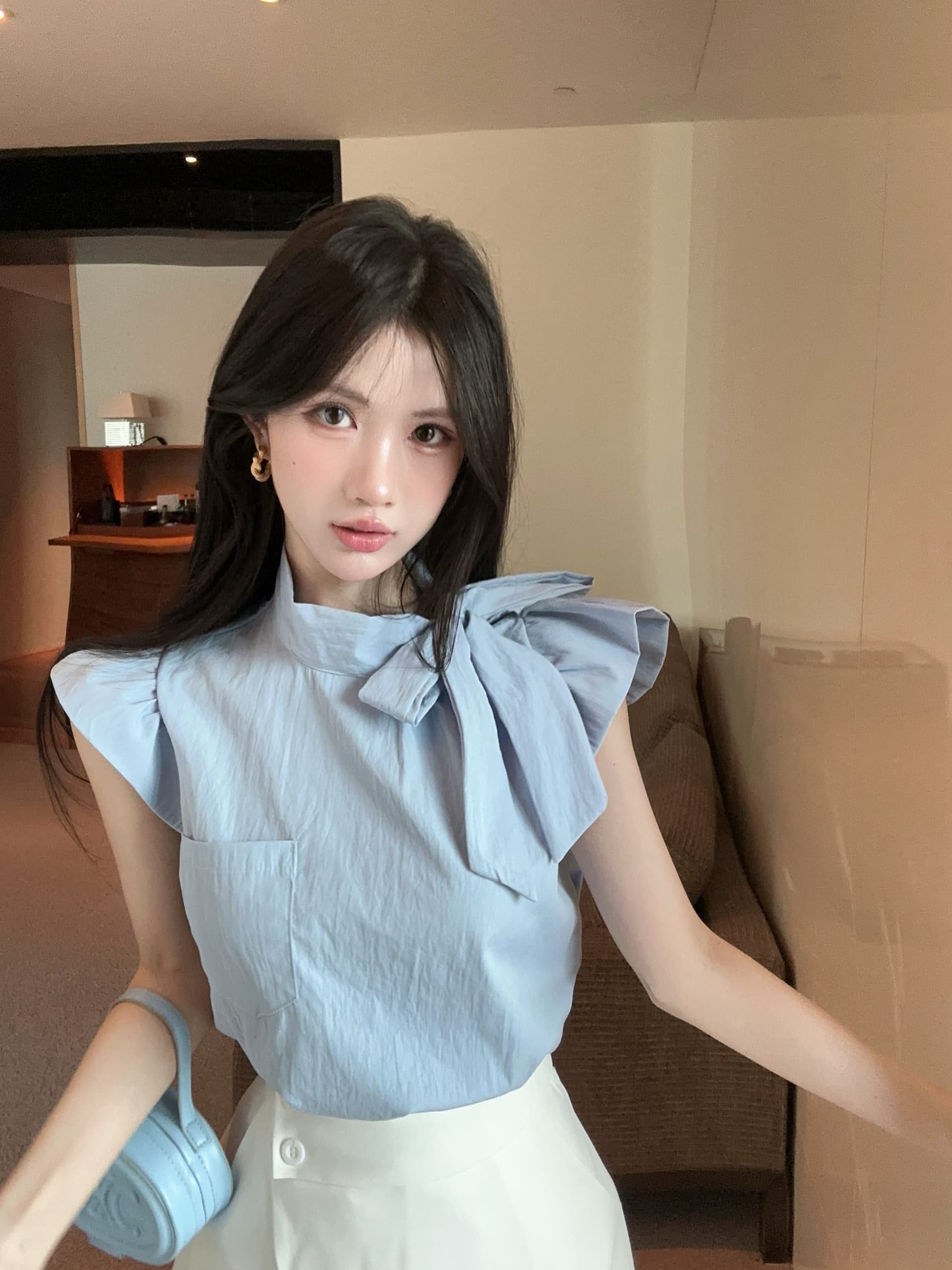 실사 정가 디자인 센스 Feifei 소매 레이스 업 셔츠 슬림해 보이는 바지 투피스 슈트 상세 이미지 6
