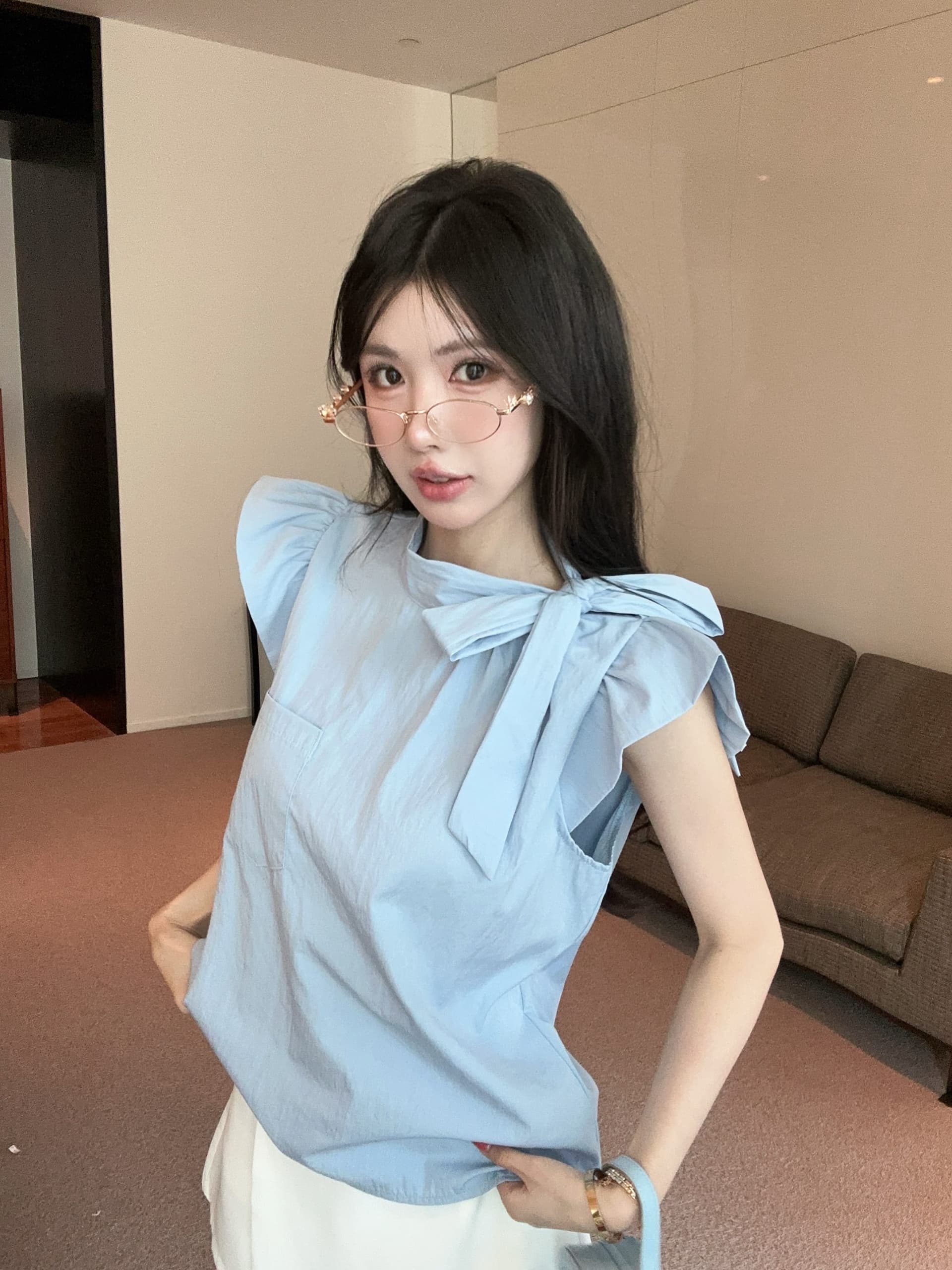 실사 정가 디자인 센스 Feifei 소매 레이스 업 셔츠 슬림해 보이는 바지 투피스 슈트 상세 이미지 7