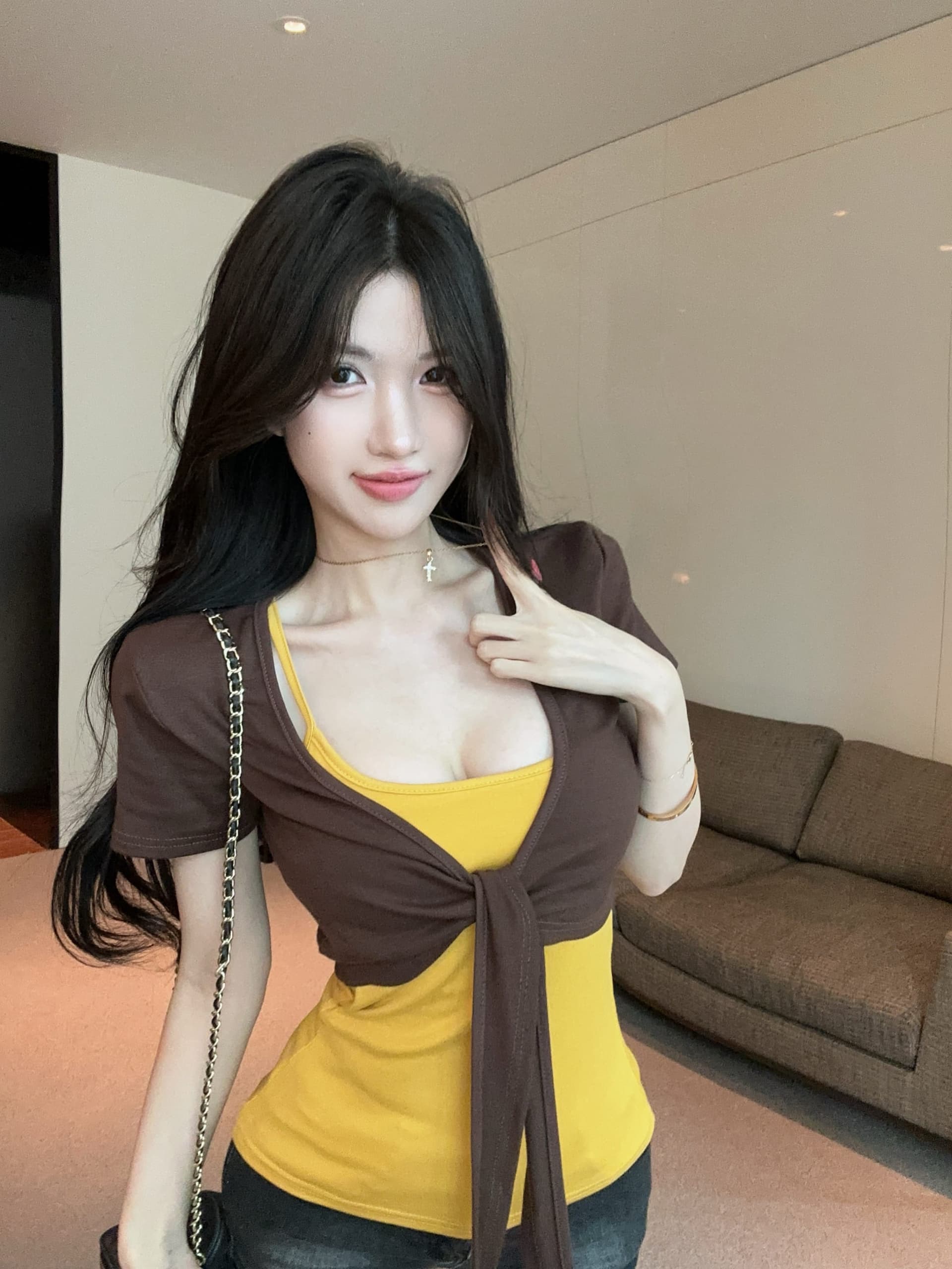 실사 정가 디자인 센스 스트랩 반팔 오픈 가디건 플러스 신축성 가슴 패드 캐미솔 투피스 슈트 여성 상세 이미지 1