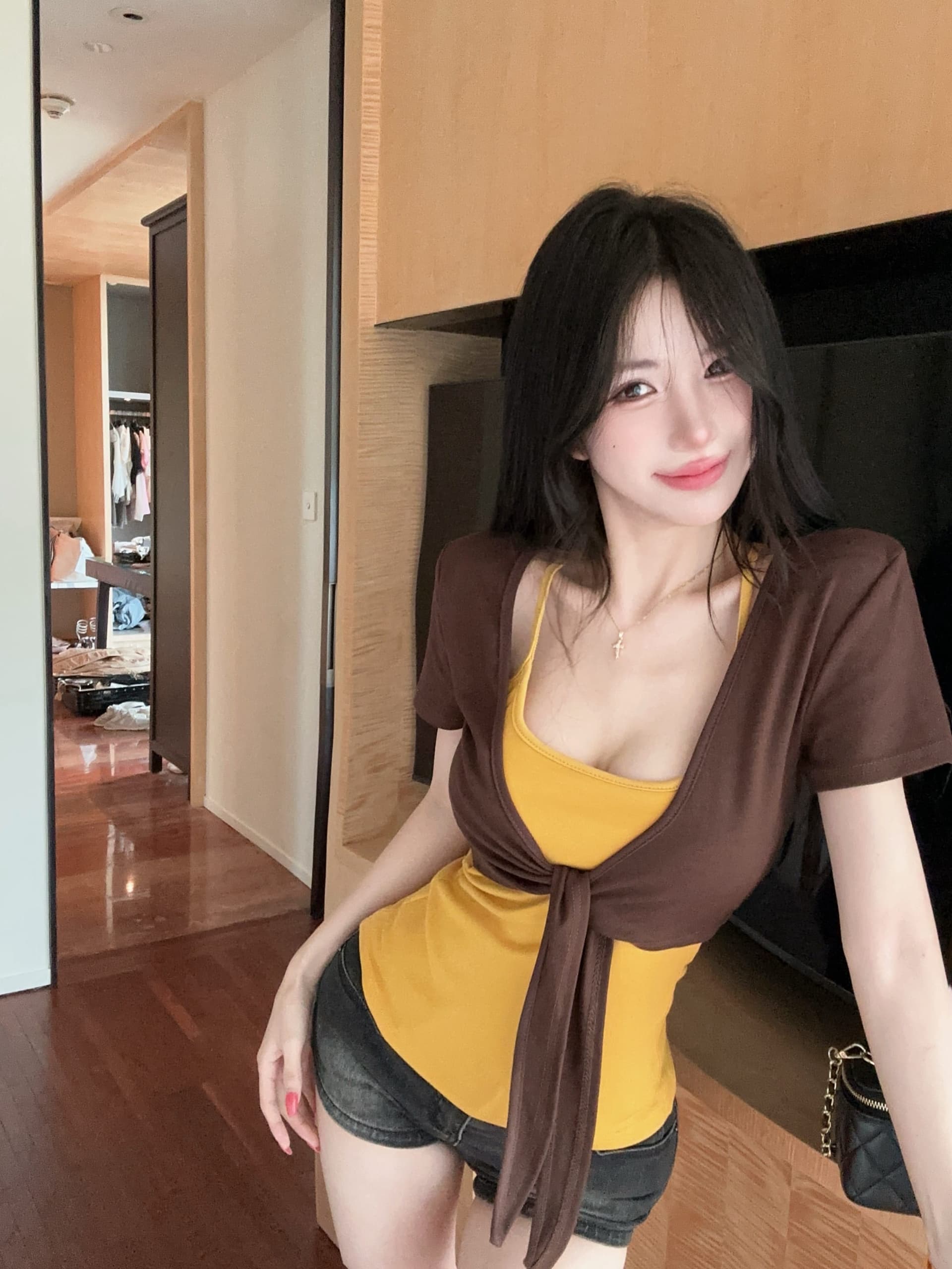 실사 정가 디자인 센스 스트랩 반팔 오픈 가디건 플러스 신축성 가슴 패드 캐미솔 투피스 슈트 여성 상세 이미지 2