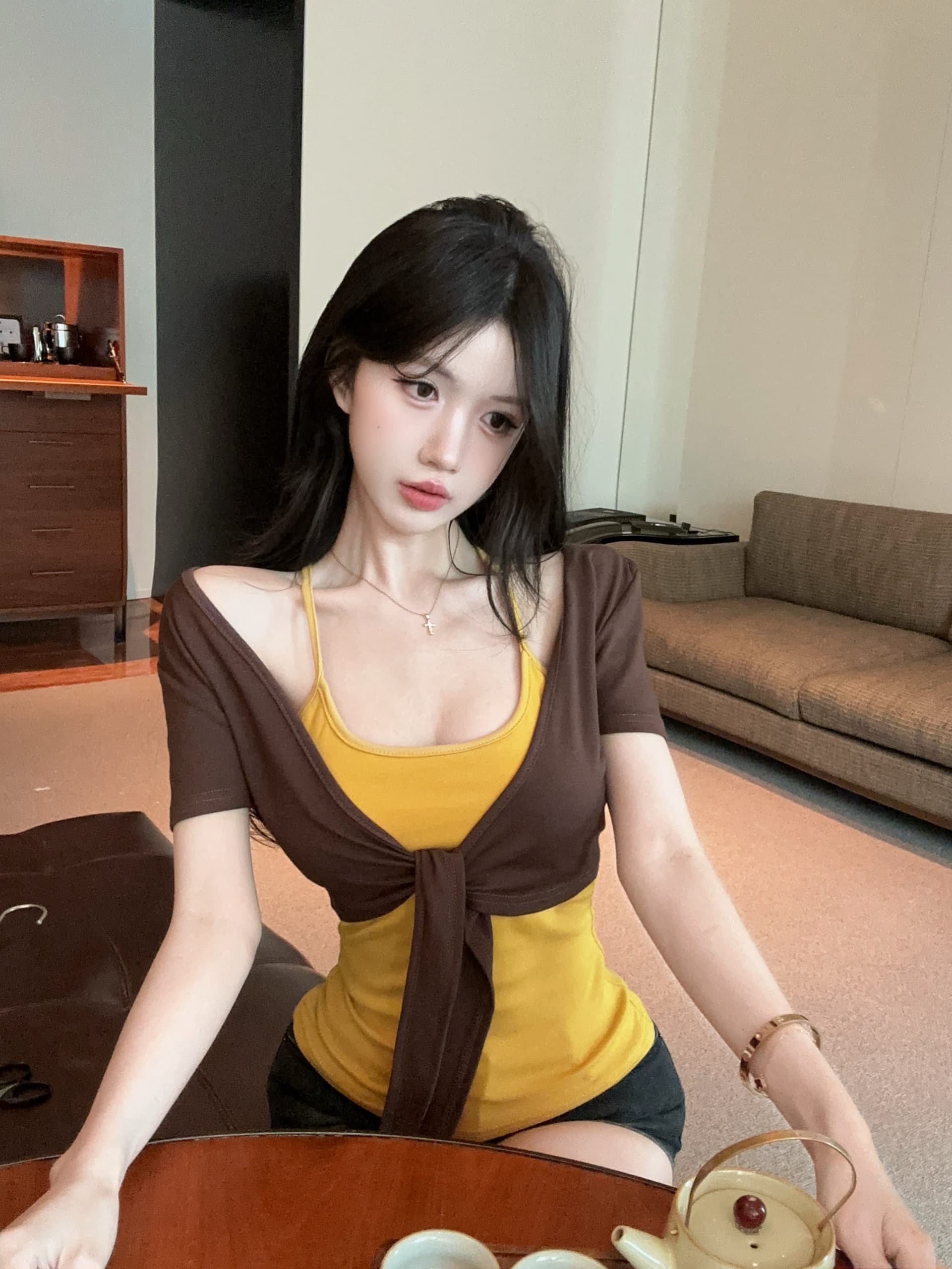실사 정가 디자인 센스 스트랩 반팔 오픈 가디건 플러스 신축성 가슴 패드 캐미솔 투피스 슈트 여성 상세 이미지 3