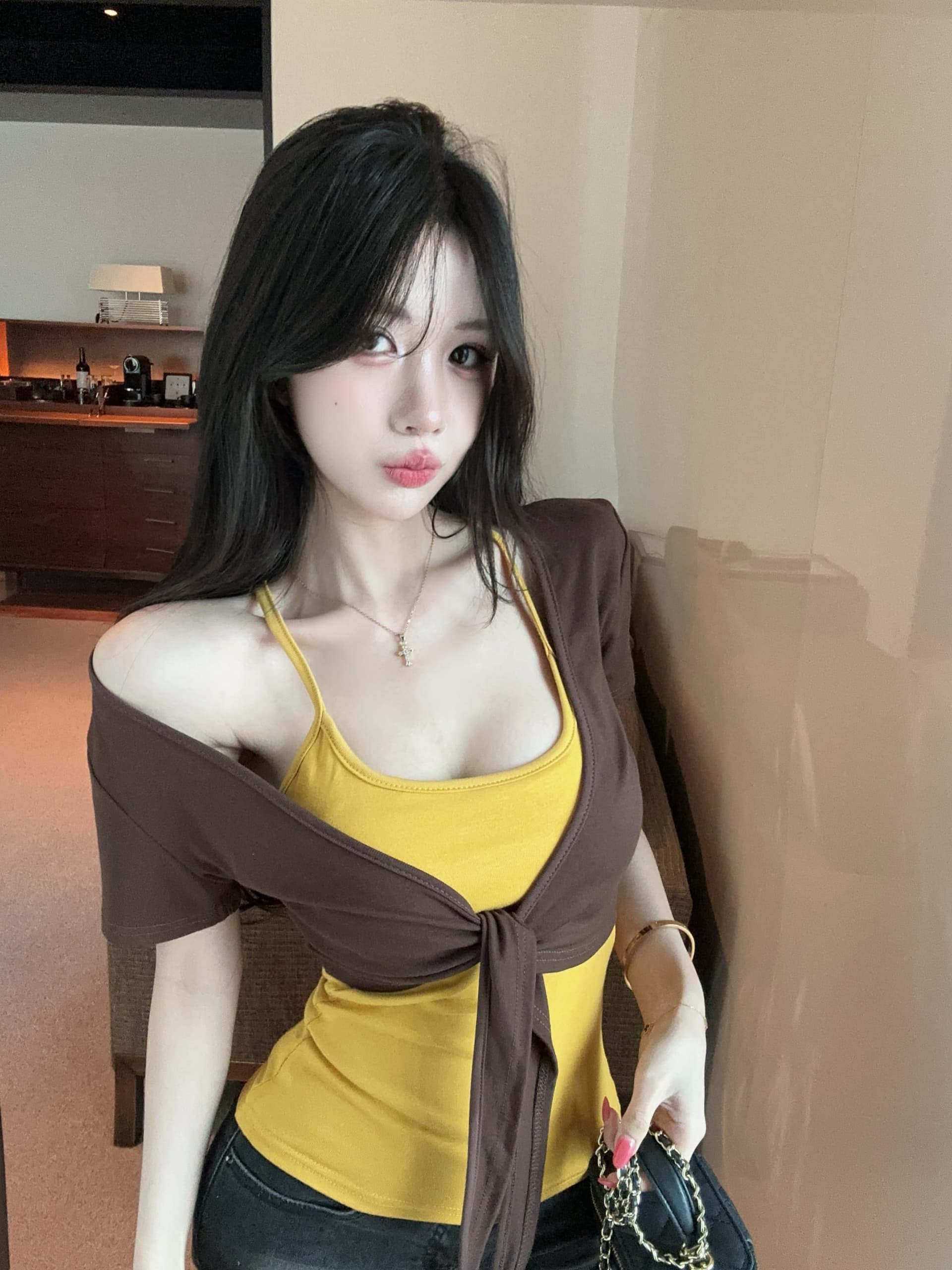 실사 정가 디자인 센스 스트랩 반팔 오픈 가디건 플러스 신축성 가슴 패드 캐미솔 투피스 슈트 여성 상세 이미지 9