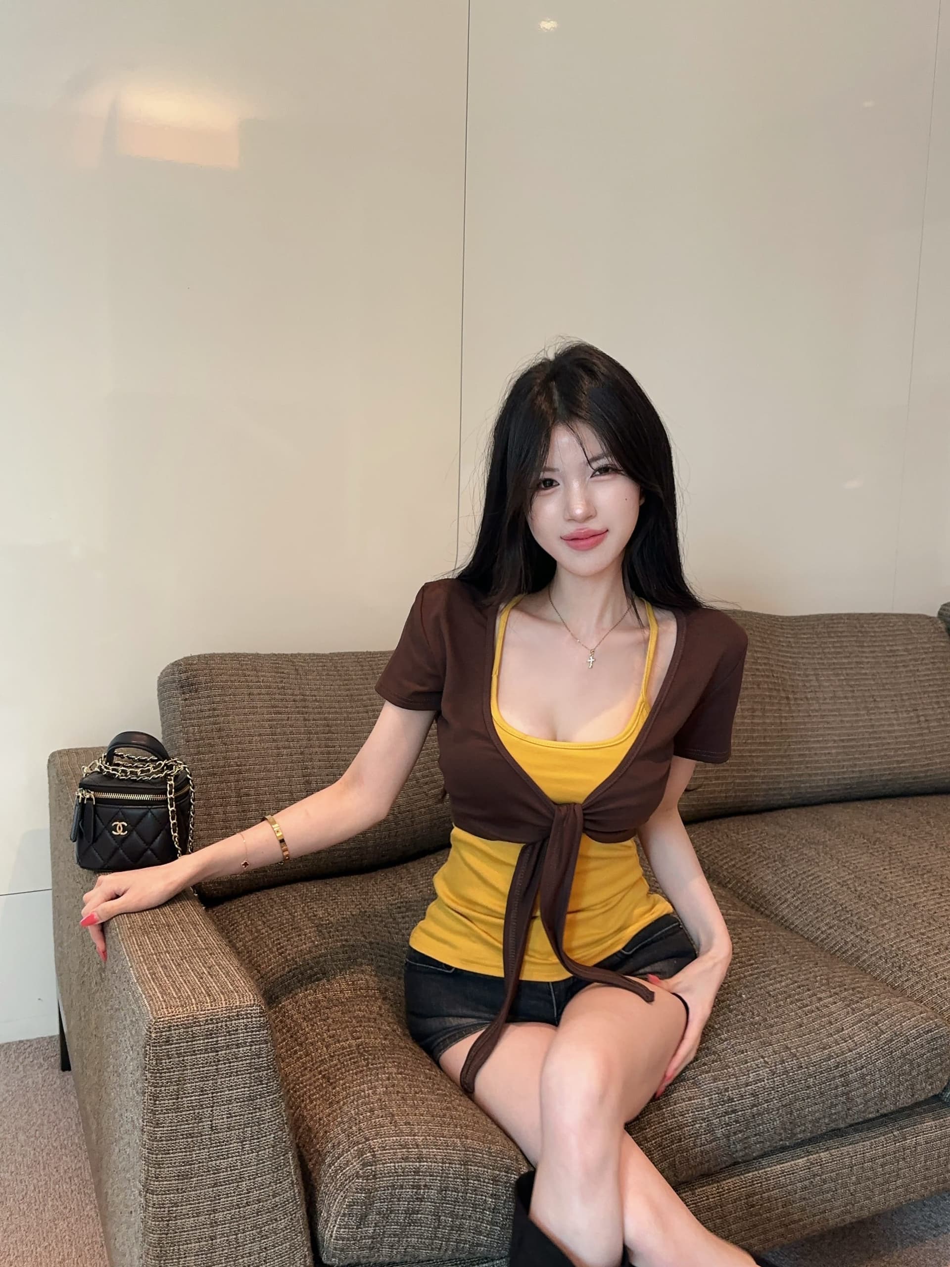 실사 정가 디자인 센스 스트랩 반팔 오픈 가디건 플러스 신축성 가슴 패드 캐미솔 투피스 슈트 여성 상세 이미지 11