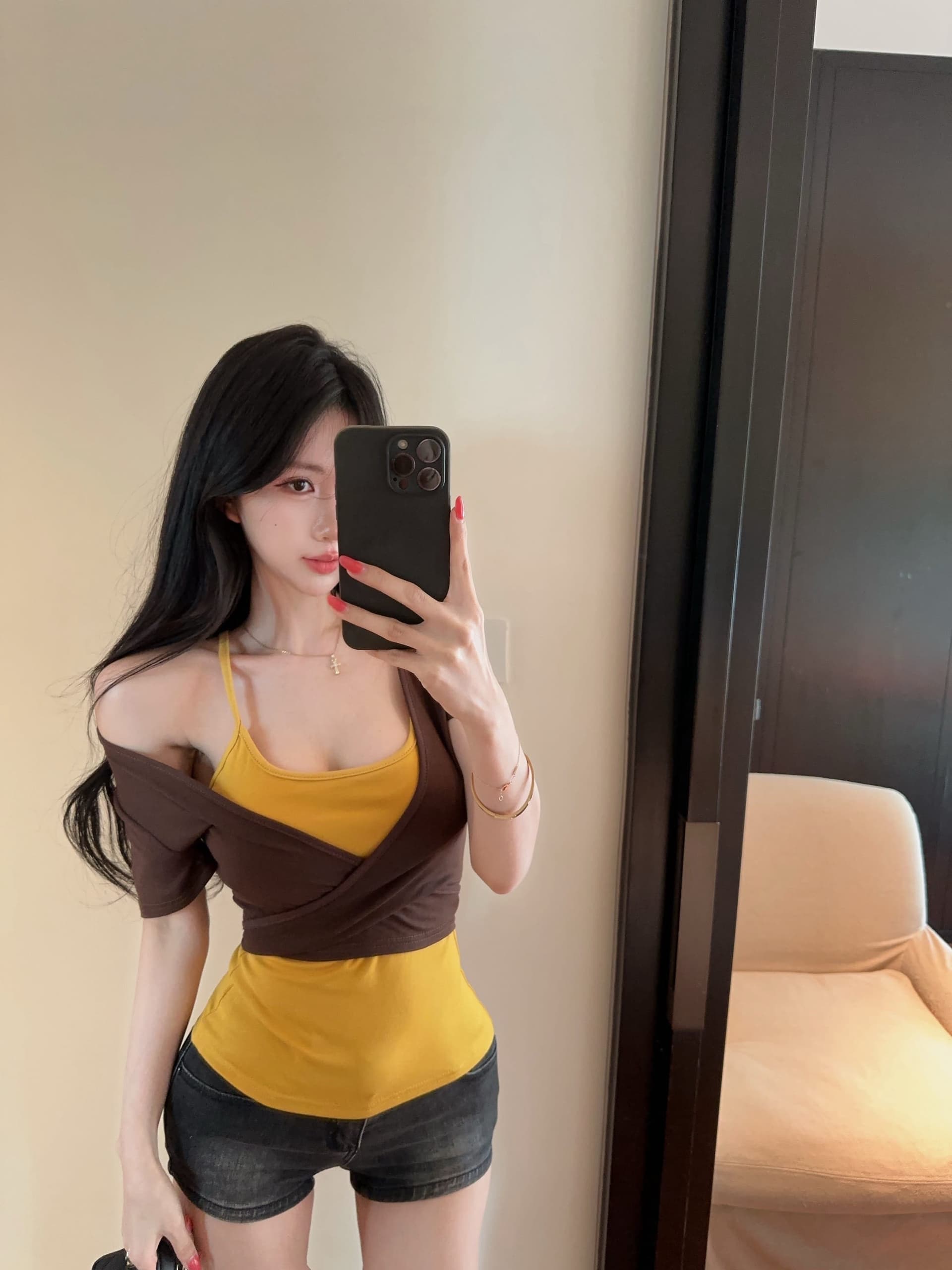 실사 정가 디자인 센스 스트랩 반팔 오픈 가디건 플러스 신축성 가슴 패드 캐미솔 투피스 슈트 여성 상세 이미지 13