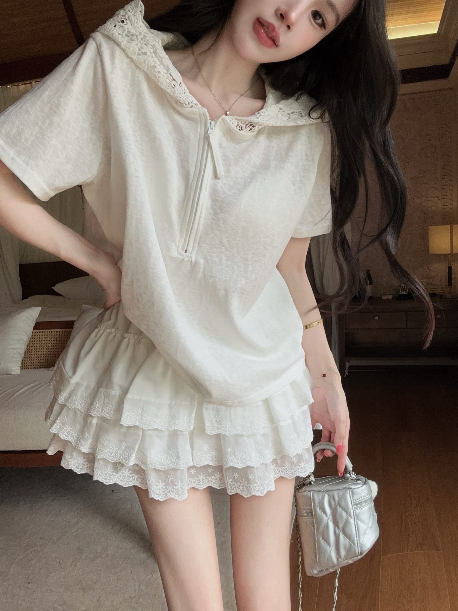 실사 정가 여름 레이스 측면 반팔 대나무 마디 면 후드 티셔츠 레이스 레이스 치마 미니 스커트 투피스 슈트 이미지 3