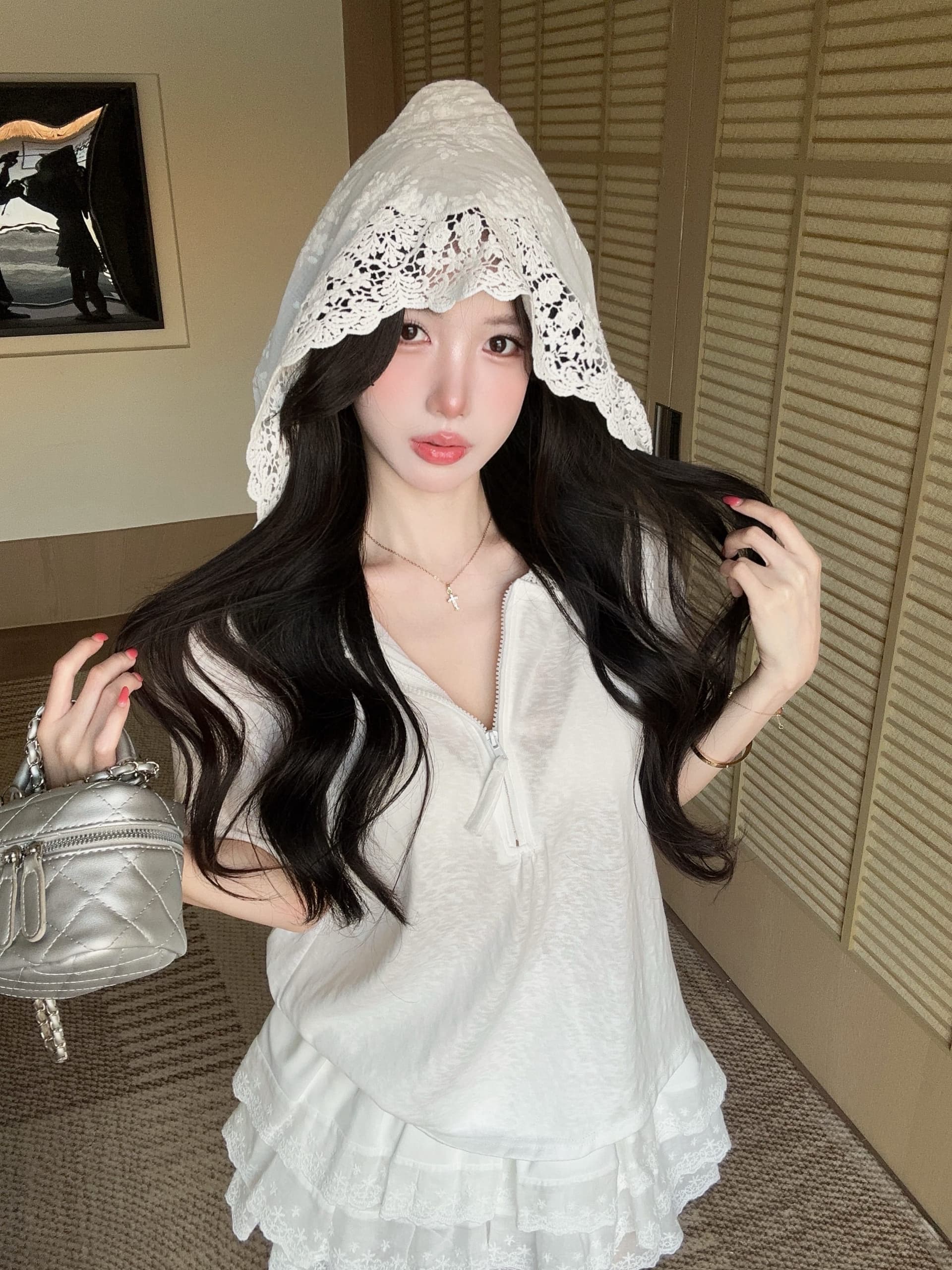 실사 정가 여름 레이스 측면 반팔 대나무 마디 면 후드 티셔츠 레이스 레이스 치마 미니 스커트 투피스 슈트 상세 이미지 1