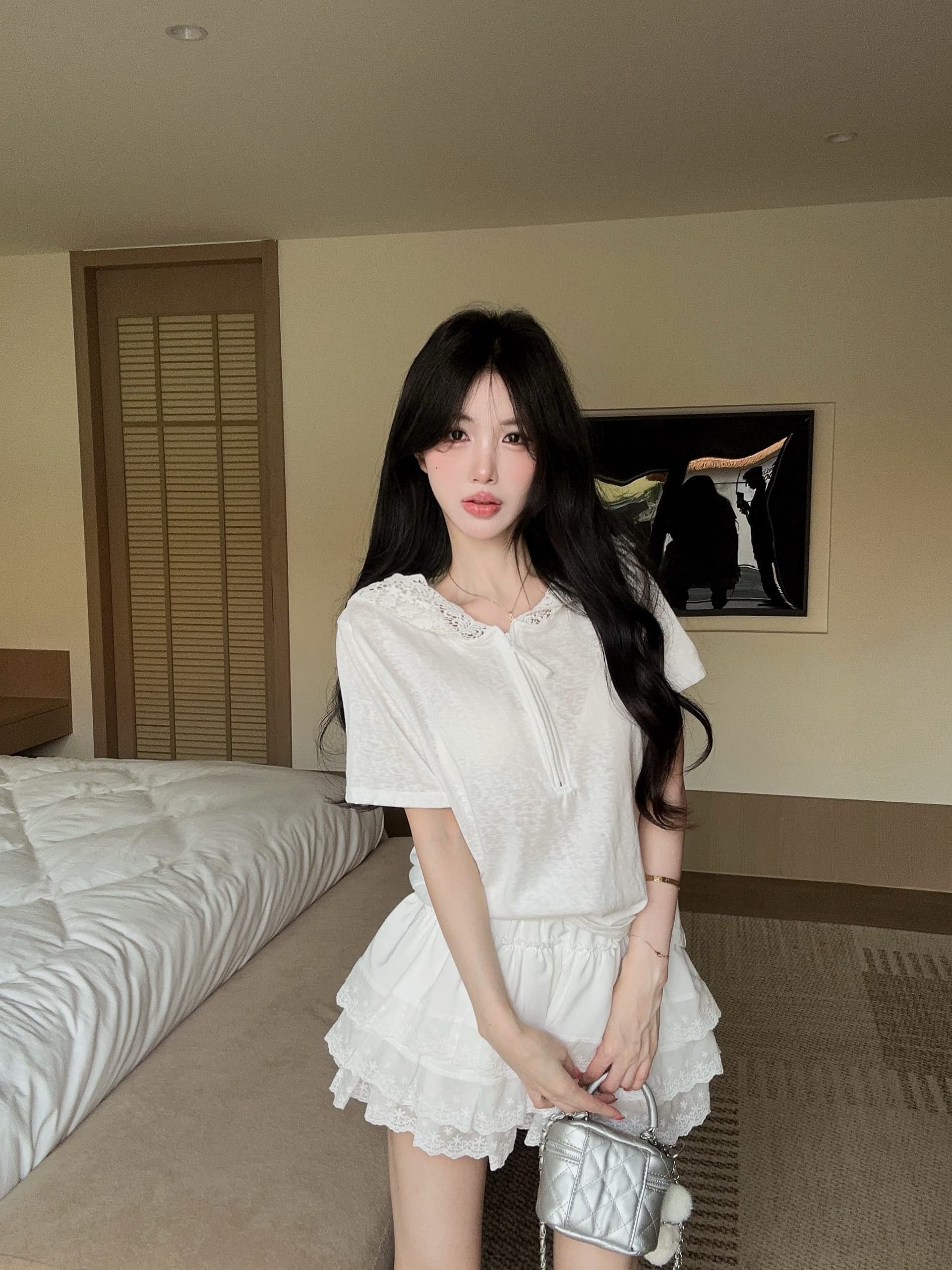 실사 정가 여름 레이스 측면 반팔 대나무 마디 면 후드 티셔츠 레이스 레이스 치마 미니 스커트 투피스 슈트 상세 이미지 4