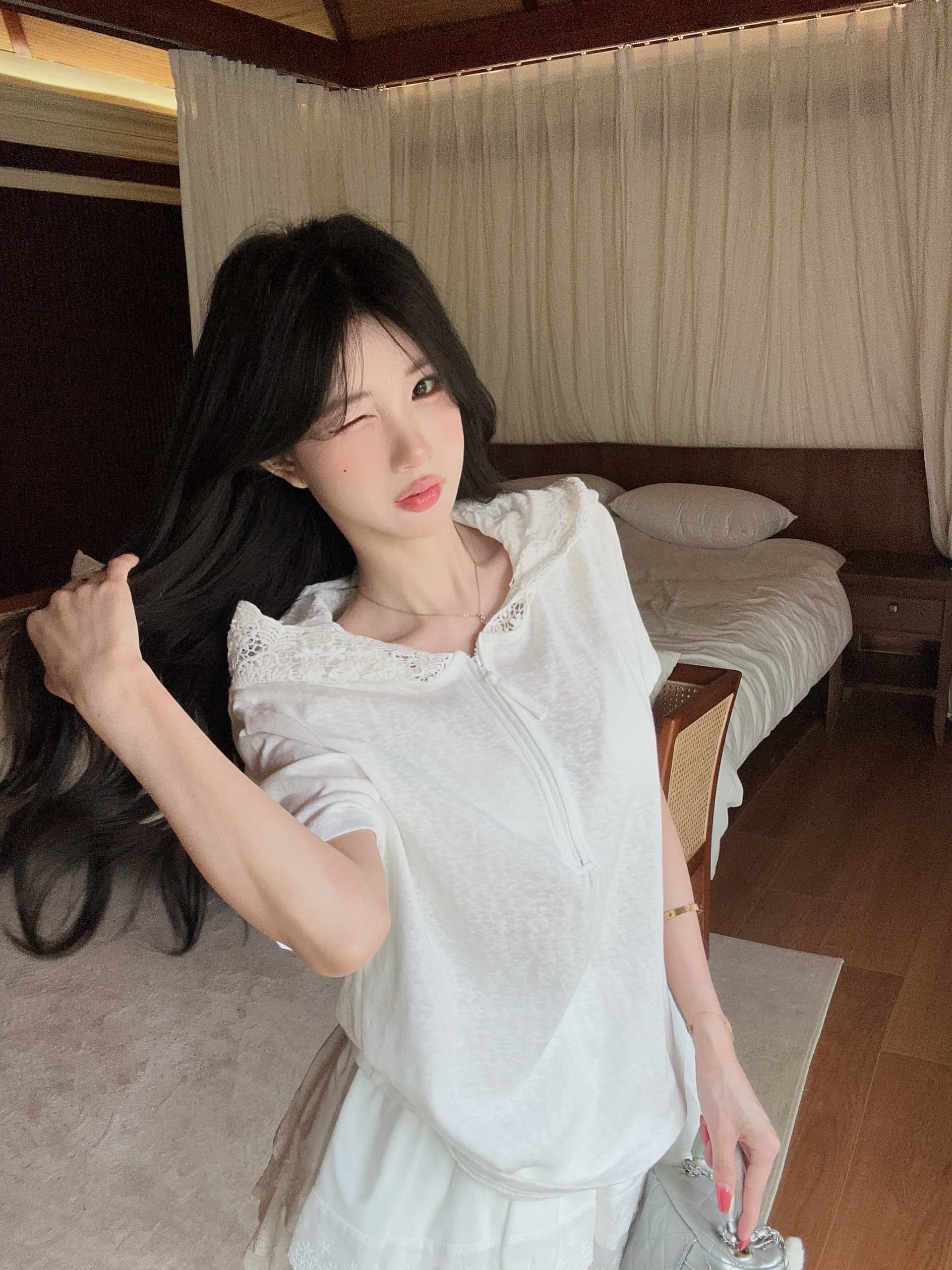 실사 정가 여름 레이스 측면 반팔 대나무 마디 면 후드 티셔츠 레이스 레이스 치마 미니 스커트 투피스 슈트 상세 이미지 5