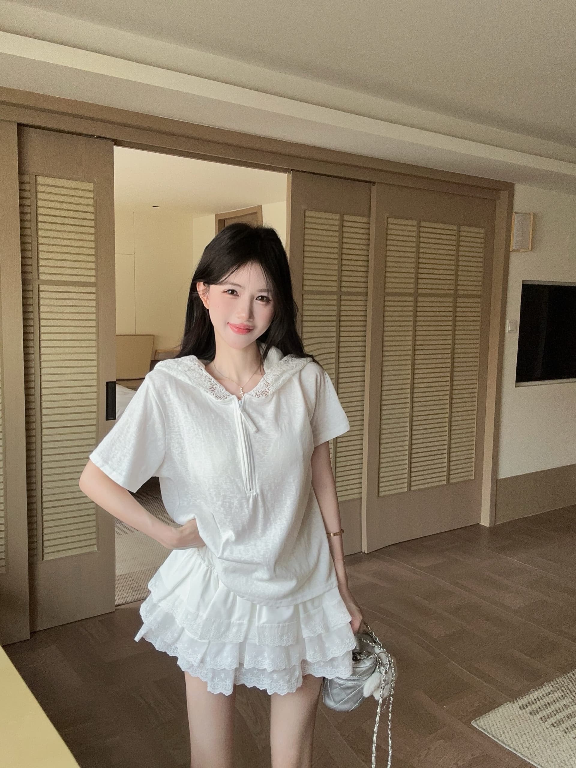 실사 정가 여름 레이스 측면 반팔 대나무 마디 면 후드 티셔츠 레이스 레이스 치마 미니 스커트 투피스 슈트 상세 이미지 7