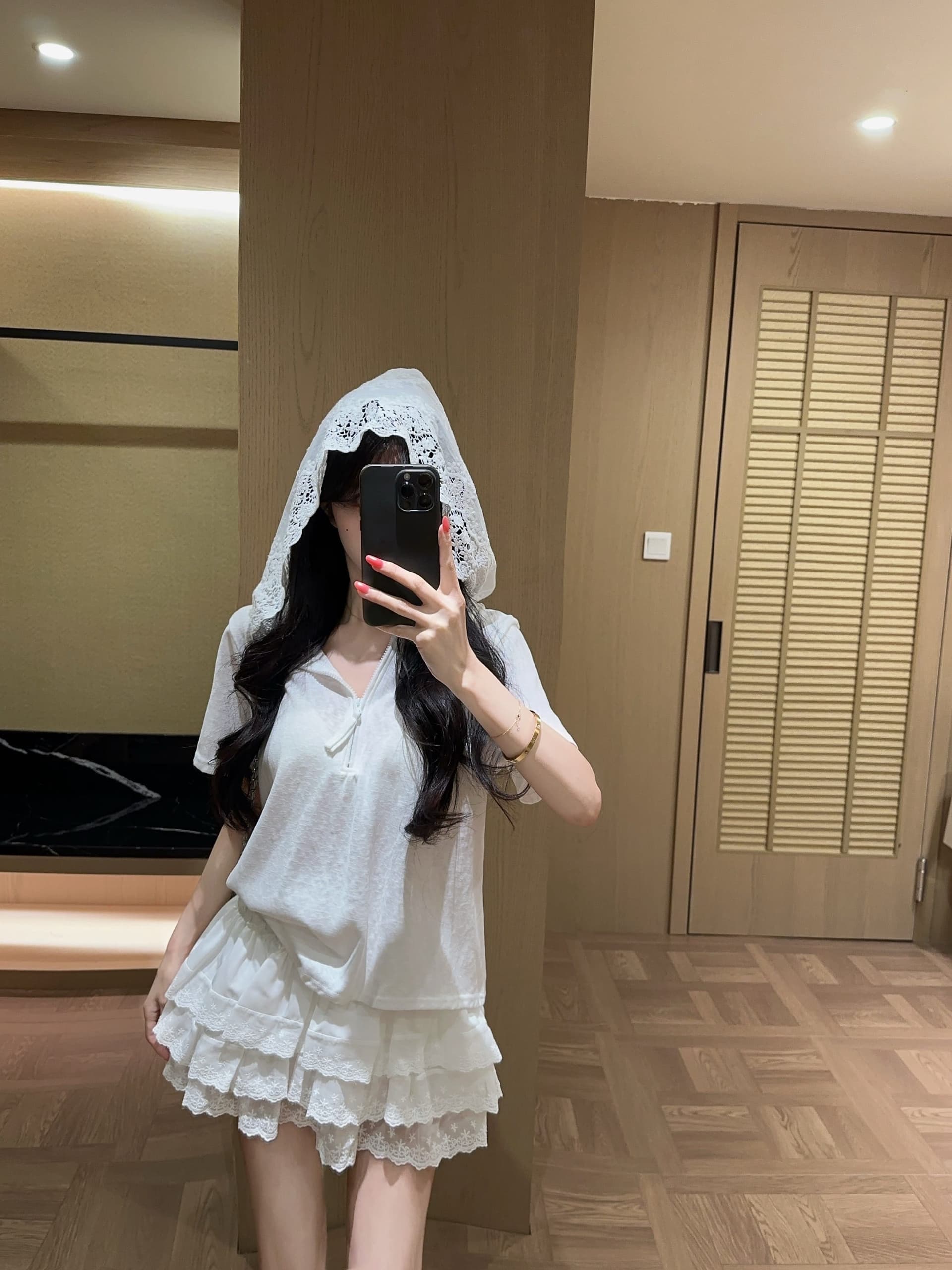 실사 정가 여름 레이스 측면 반팔 대나무 마디 면 후드 티셔츠 레이스 레이스 치마 미니 스커트 투피스 슈트 상세 이미지 8