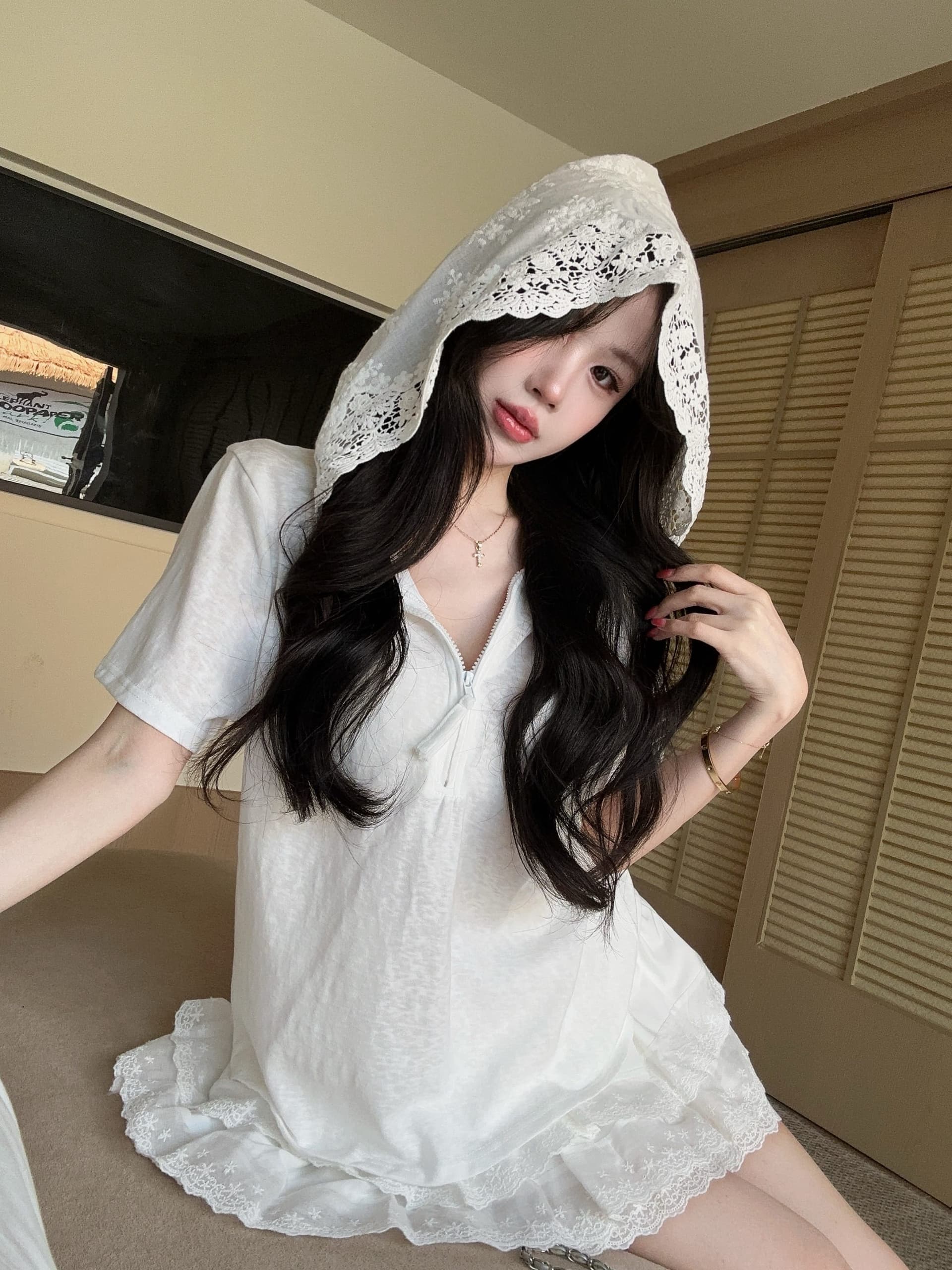 실사 정가 여름 레이스 측면 반팔 대나무 마디 면 후드 티셔츠 레이스 레이스 치마 미니 스커트 투피스 슈트 상세 이미지 9