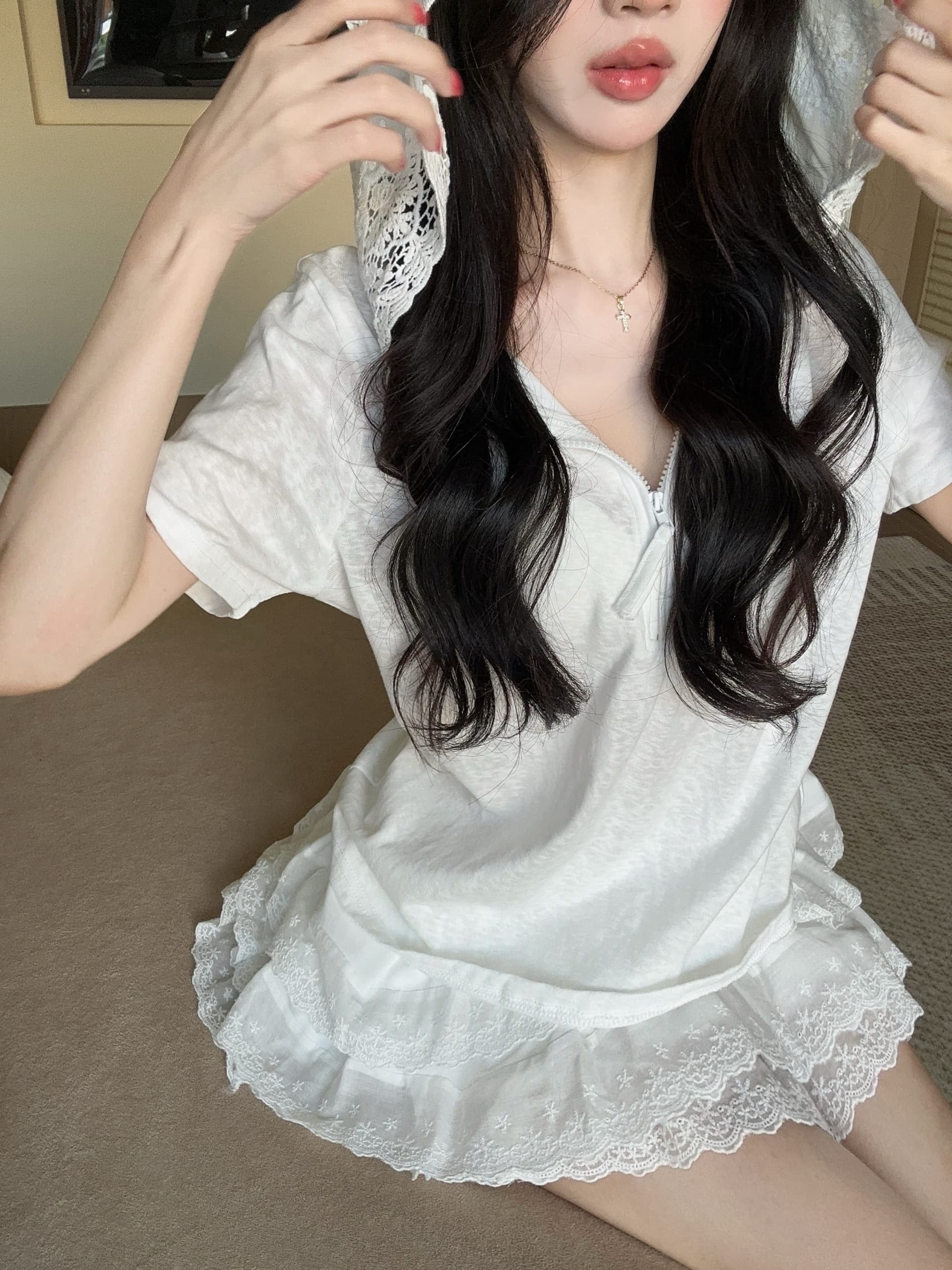 실사 정가 여름 레이스 측면 반팔 대나무 마디 면 후드 티셔츠 레이스 레이스 치마 미니 스커트 투피스 슈트 상세 이미지 10