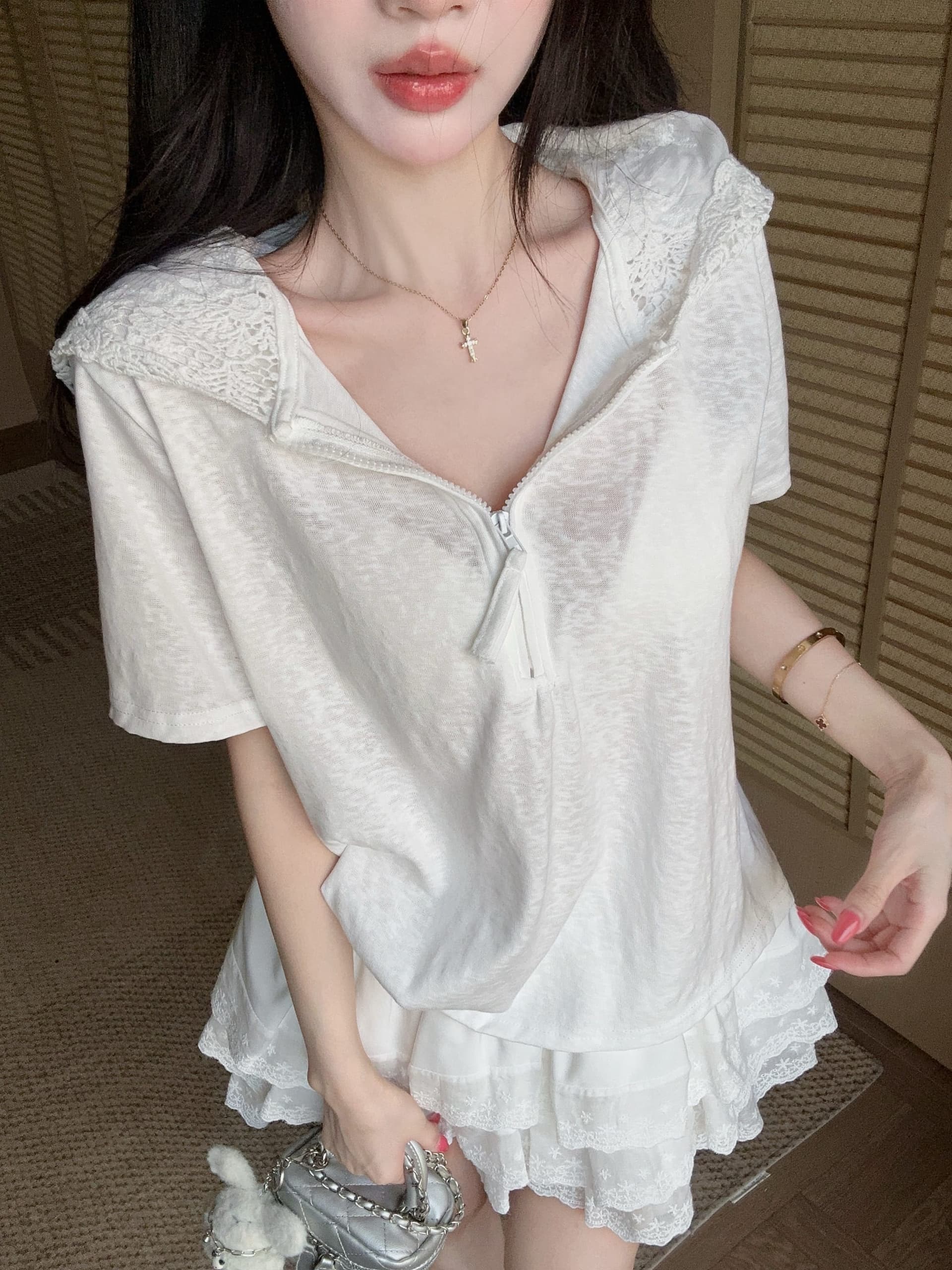 실사 정가 여름 레이스 측면 반팔 대나무 마디 면 후드 티셔츠 레이스 레이스 치마 미니 스커트 투피스 슈트 상세 이미지 11