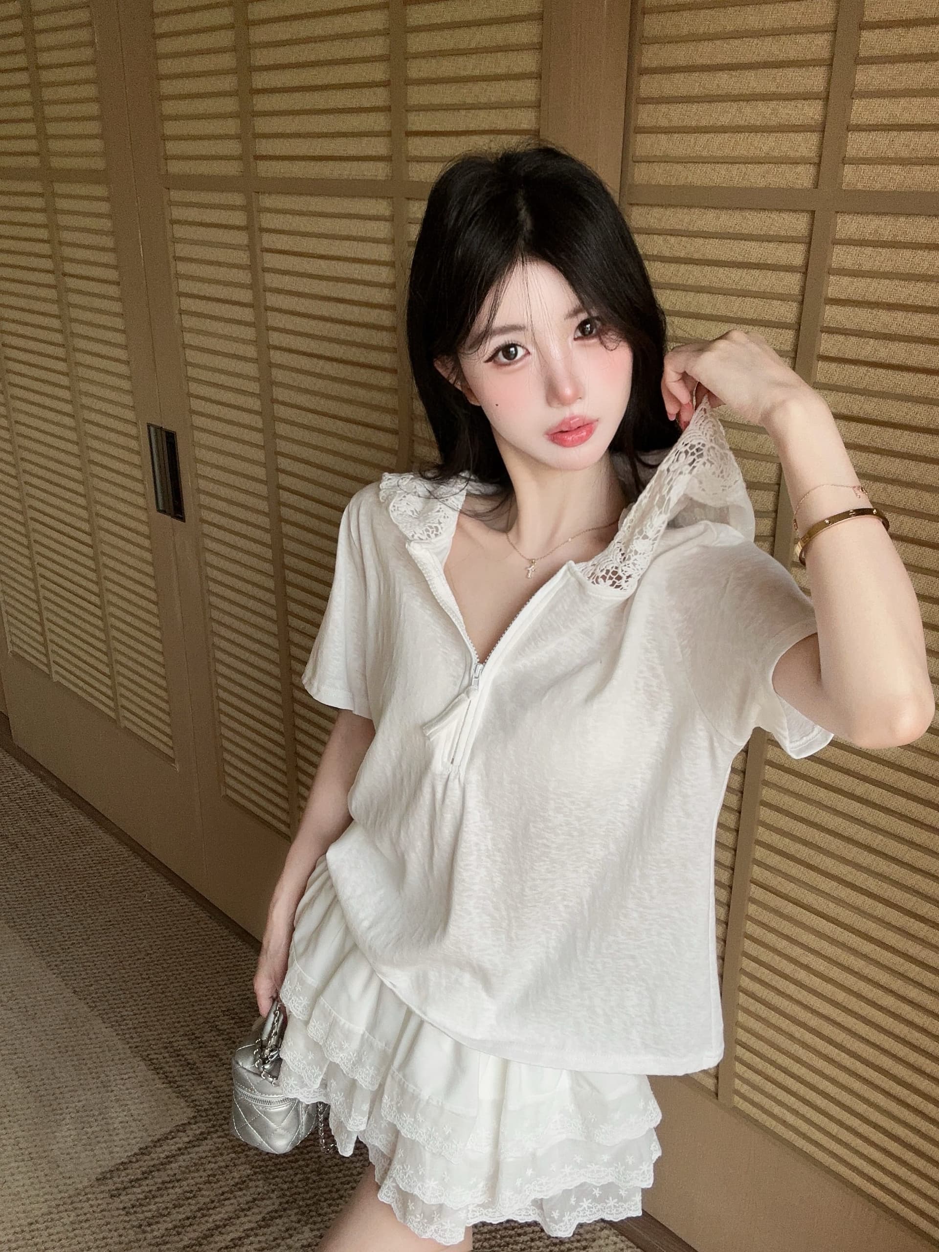 실사 정가 여름 레이스 측면 반팔 대나무 마디 면 후드 티셔츠 레이스 레이스 치마 미니 스커트 투피스 슈트 상세 이미지 12