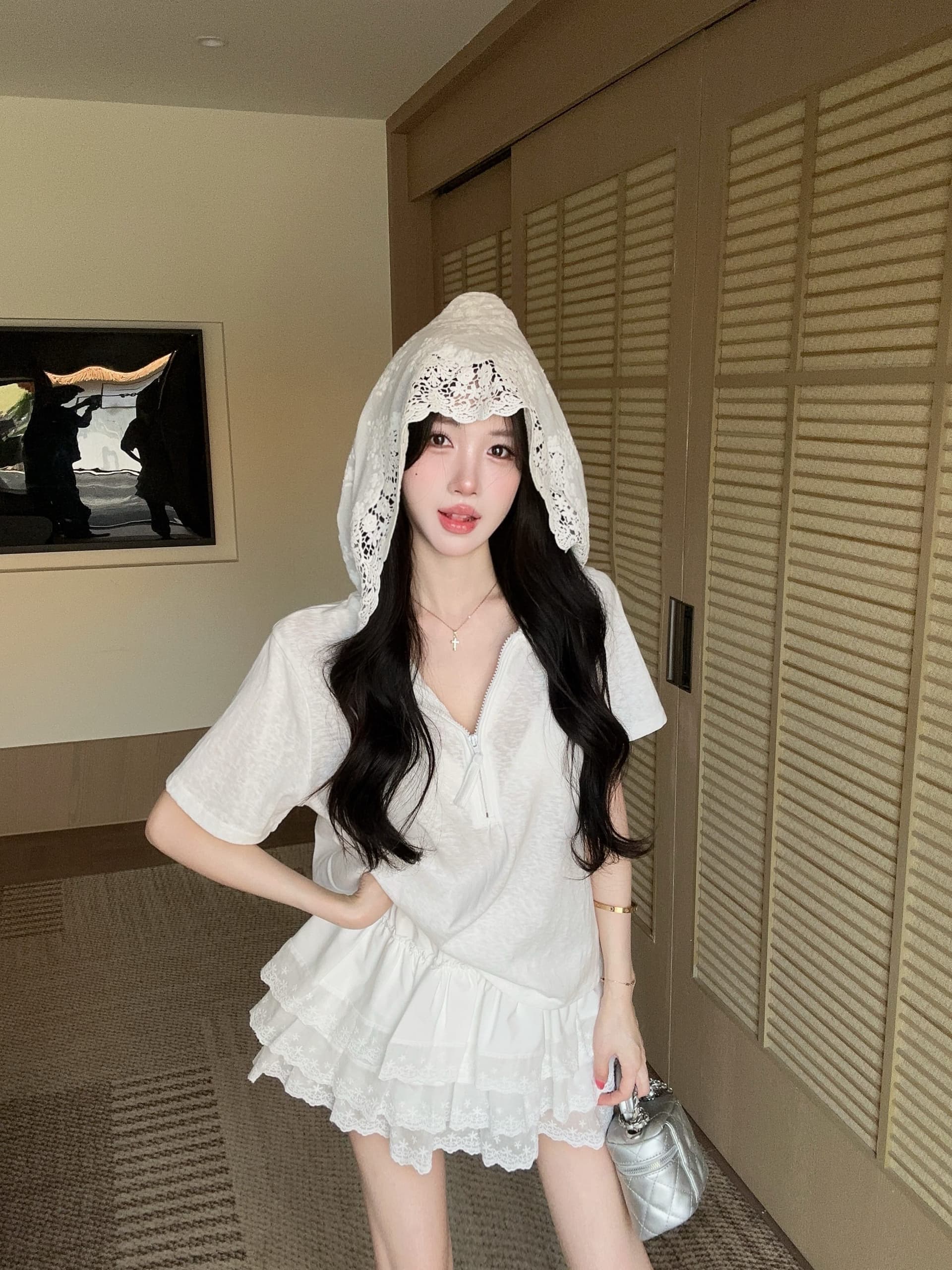 실사 정가 여름 레이스 측면 반팔 대나무 마디 면 후드 티셔츠 레이스 레이스 치마 미니 스커트 투피스 슈트 상세 이미지 13