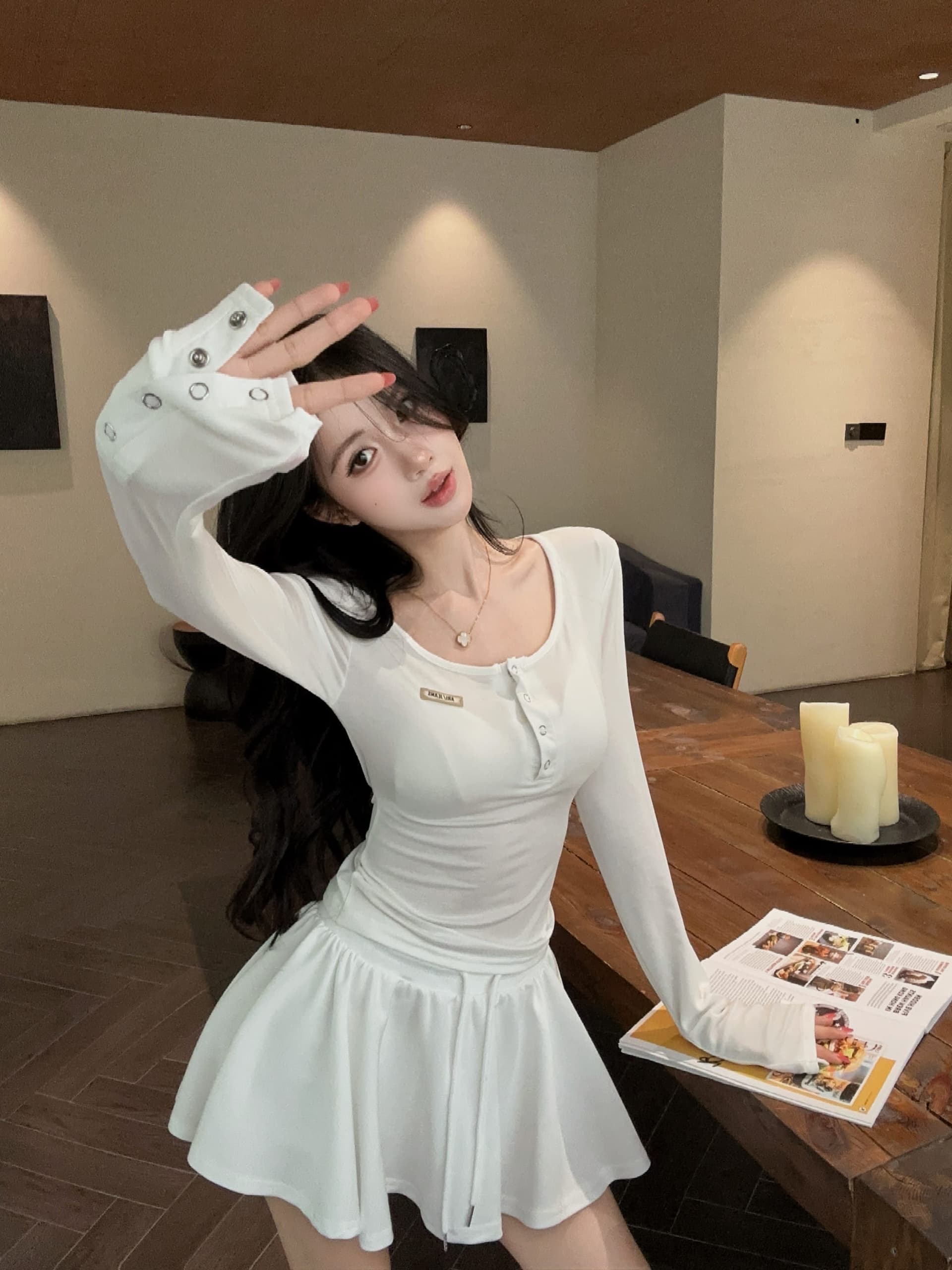실사 정가 여름 긴팔 단추 자외선 차단 블라우스 티셔츠 여성 밴딩 노출 방지 미니 스커트 투피스 슈트 상세 이미지 7