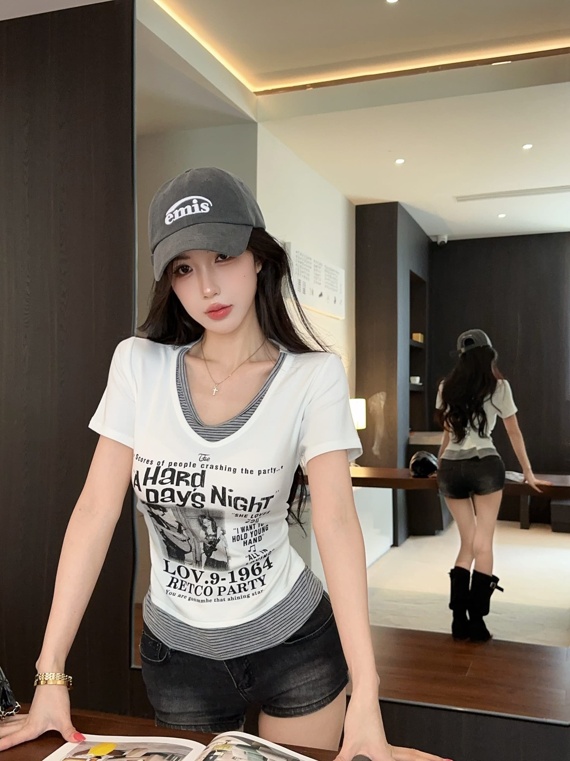 실사 정가 디자인 센스 여름 페이크 레이어드 반팔 알파벳 프린트 티셔츠 여성 몸매 가꾸기 슬림해 보이는 작은 대중 맨위 상세 이미지 6