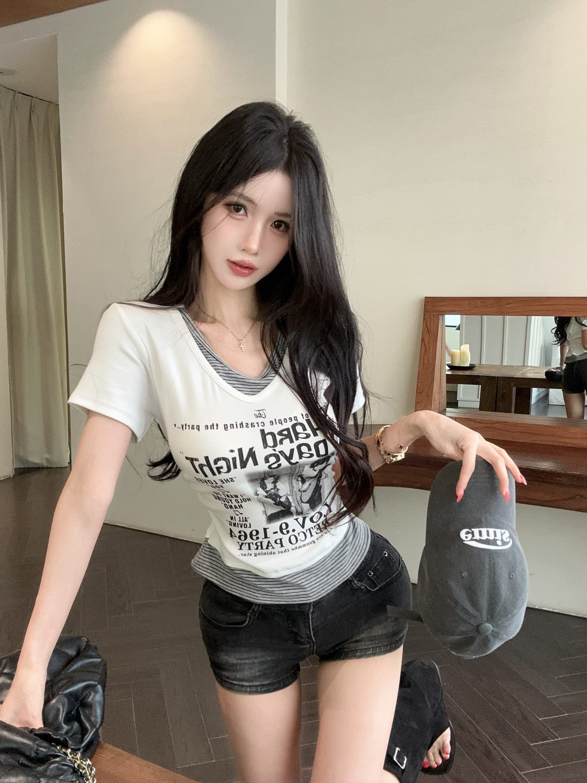 실사 정가 디자인 센스 여름 페이크 레이어드 반팔 알파벳 프린트 티셔츠 여성 몸매 가꾸기 슬림해 보이는 작은 대중 맨위 상세 이미지 8