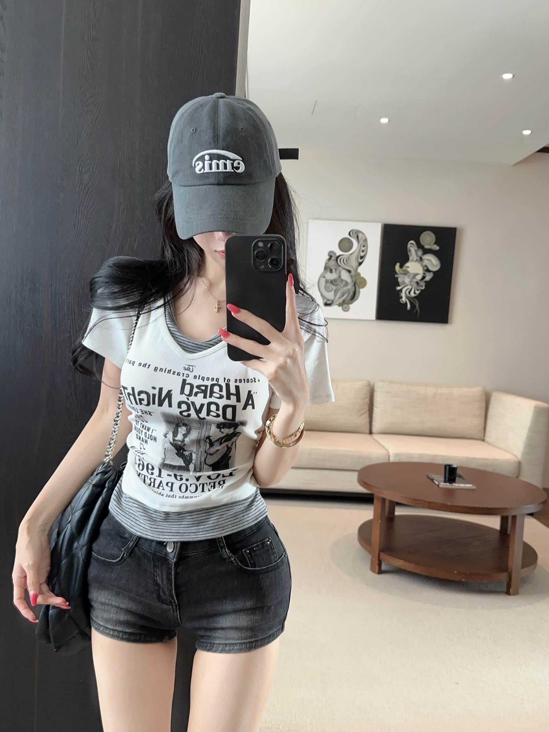 실사 정가 디자인 센스 여름 페이크 레이어드 반팔 알파벳 프린트 티셔츠 여성 몸매 가꾸기 슬림해 보이는 작은 대중 맨위 상세 이미지 12