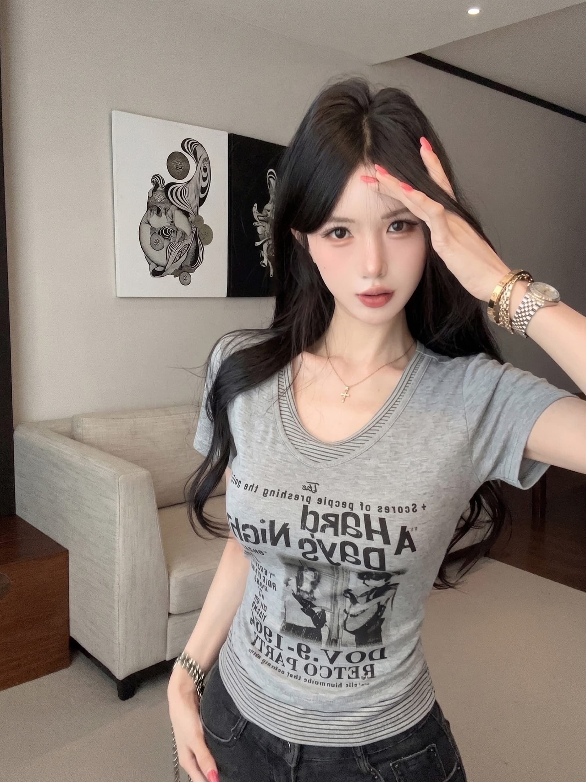 실사 정가 디자인 센스 여름 페이크 레이어드 반팔 알파벳 프린트 티셔츠 여성 몸매 가꾸기 슬림해 보이는 작은 대중 맨위 상세 이미지 24