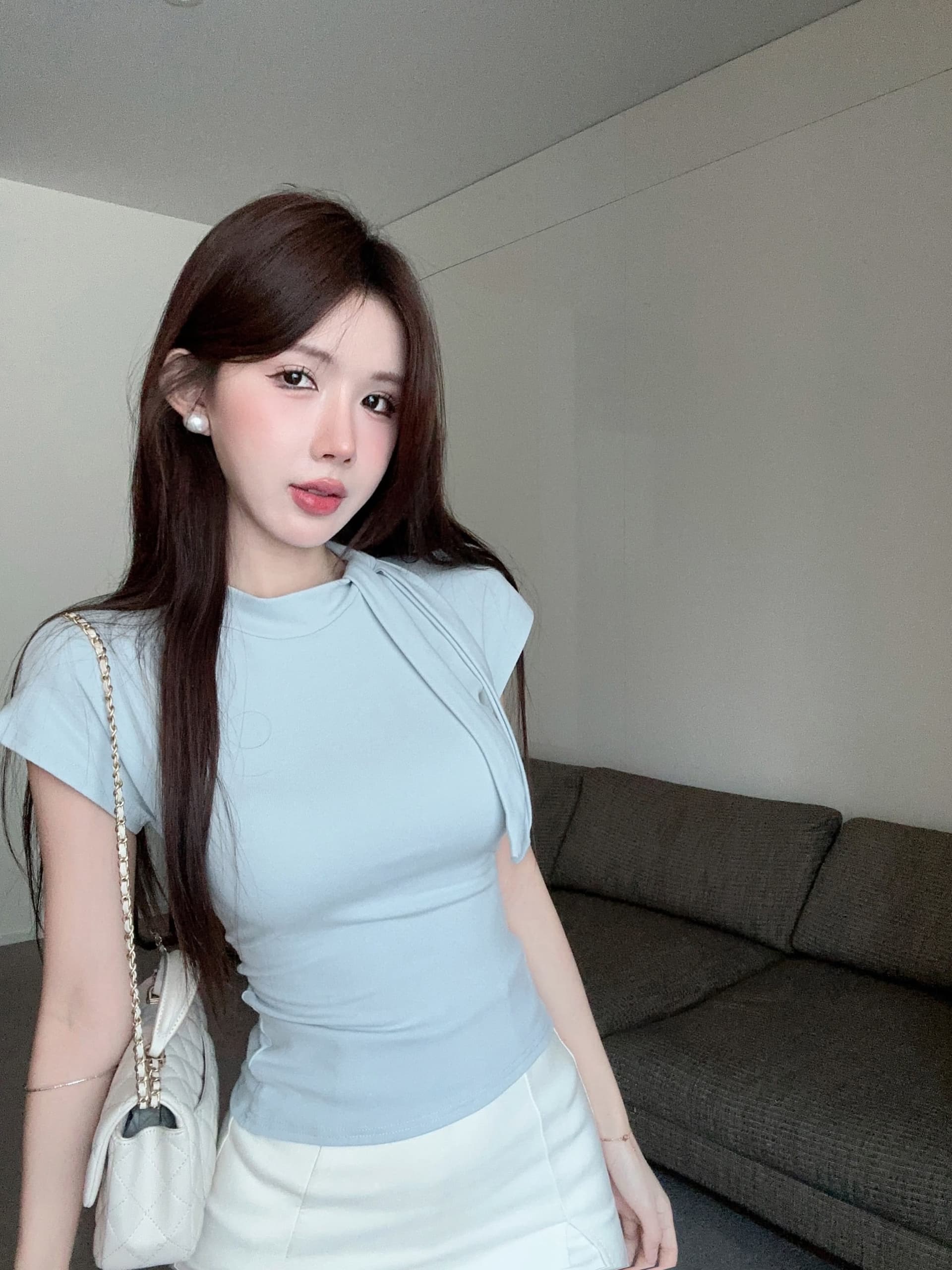 실사 정가 여름 새로운 디자인 센스 레이스업 스카프 칼라 티셔츠 여성 슬림해 보이는 다용도 맨위 상세 이미지 7