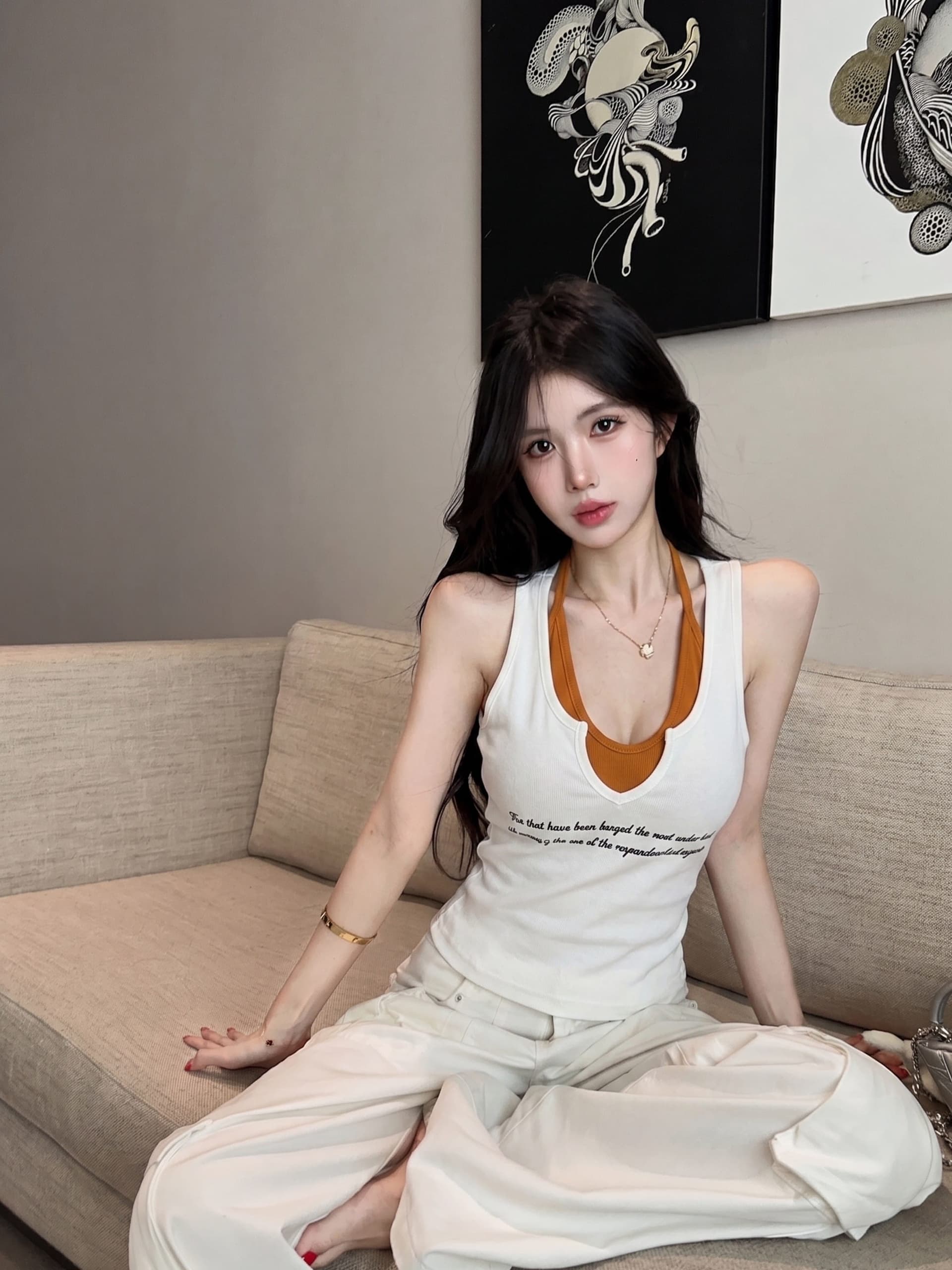 실사 정가 여름 새로운 배색 페이크 레이어드 행침 목 스트랩 티셔츠 여성 다용도 알파벳 프린트 캐미솔 상세 이미지 5