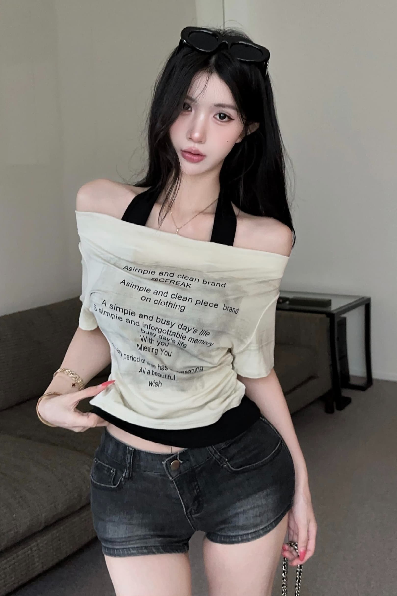실사 정가 디자인 센스 작은 대중 보트넥 페이크 레이어드 행침 목 티셔츠 여성용 짧은 소매 알파벳 프린트 슬림해 보이는 맨위 이미지 6