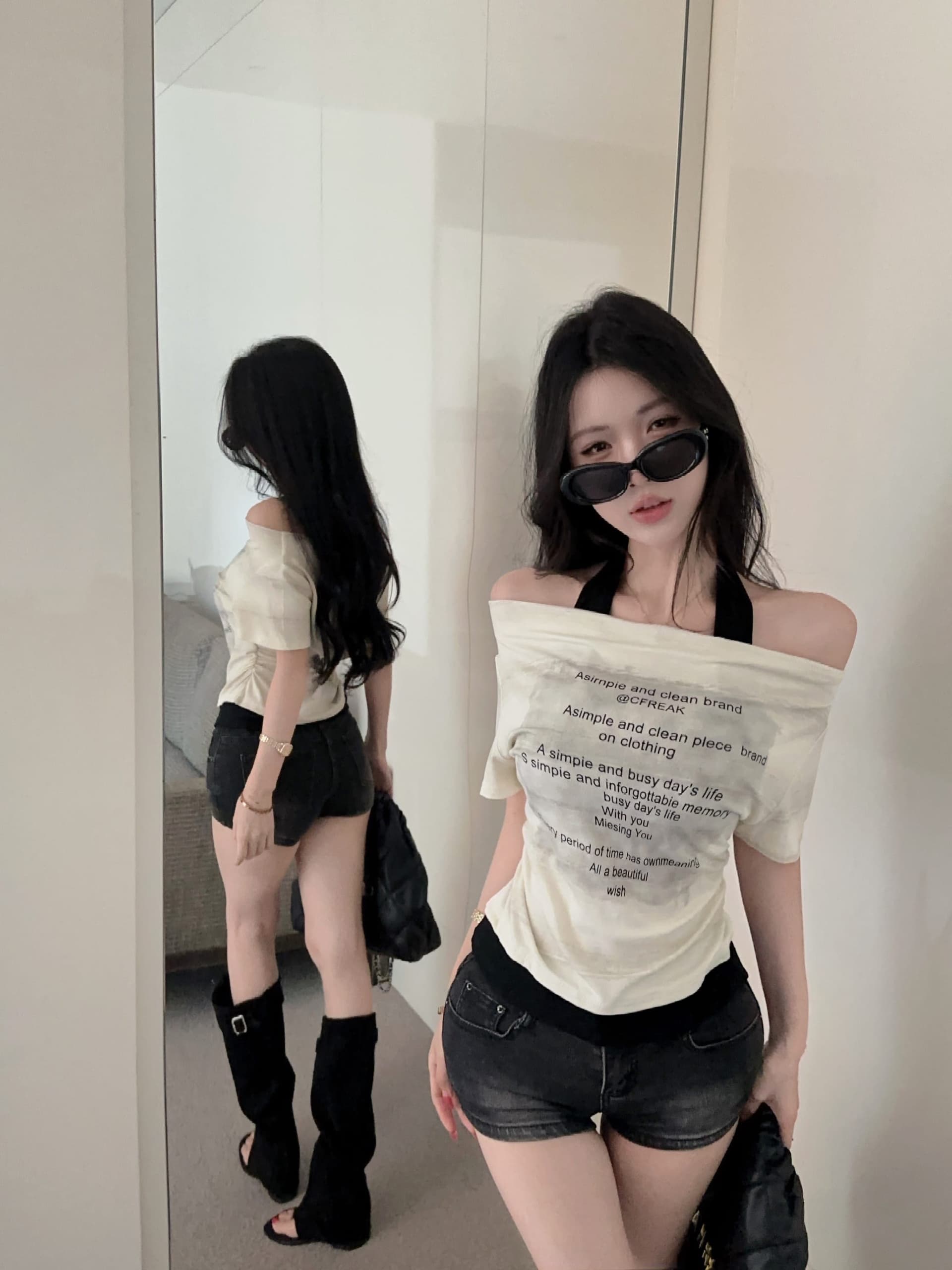 실사 정가 디자인 센스 작은 대중 보트넥 페이크 레이어드 행침 목 티셔츠 여성용 짧은 소매 알파벳 프린트 슬림해 보이는 맨위 상세 이미지 12
