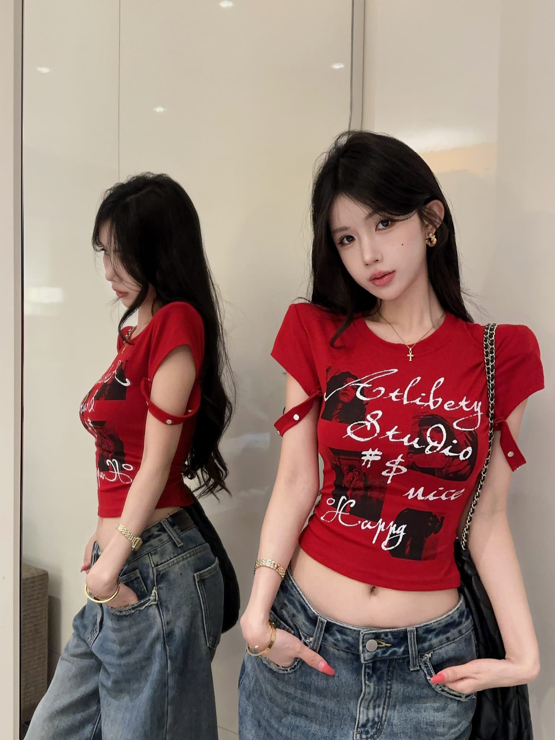 실사 정가 디자인 센스 커프스 스트랩 라운드 넥 반팔 어깨 패드 티셔츠 여성 여름 초상화 알파벳 프린트 맨위 상세 이미지 7