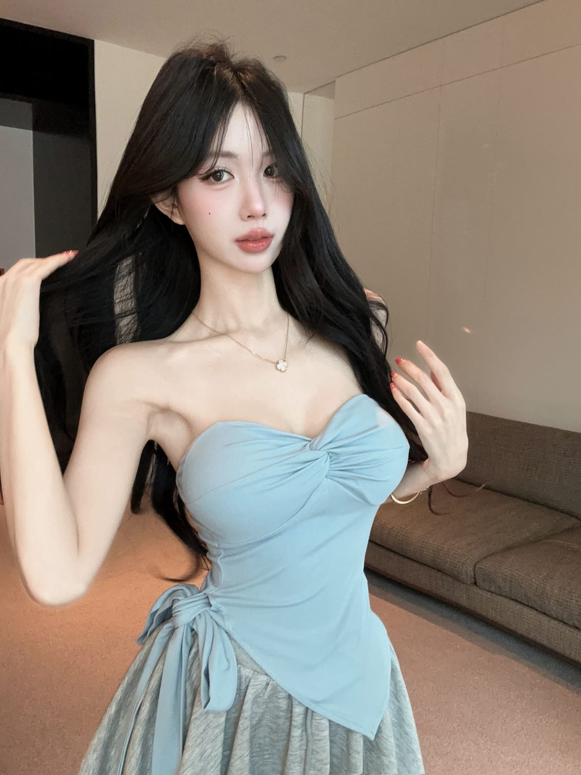 실사 정가 벨트 가슴 패드 불규칙 밑단 레이스업 비틀림 포장 가슴 조끼 여성 반신 치마 세트 투피스 세트 상세 이미지 1