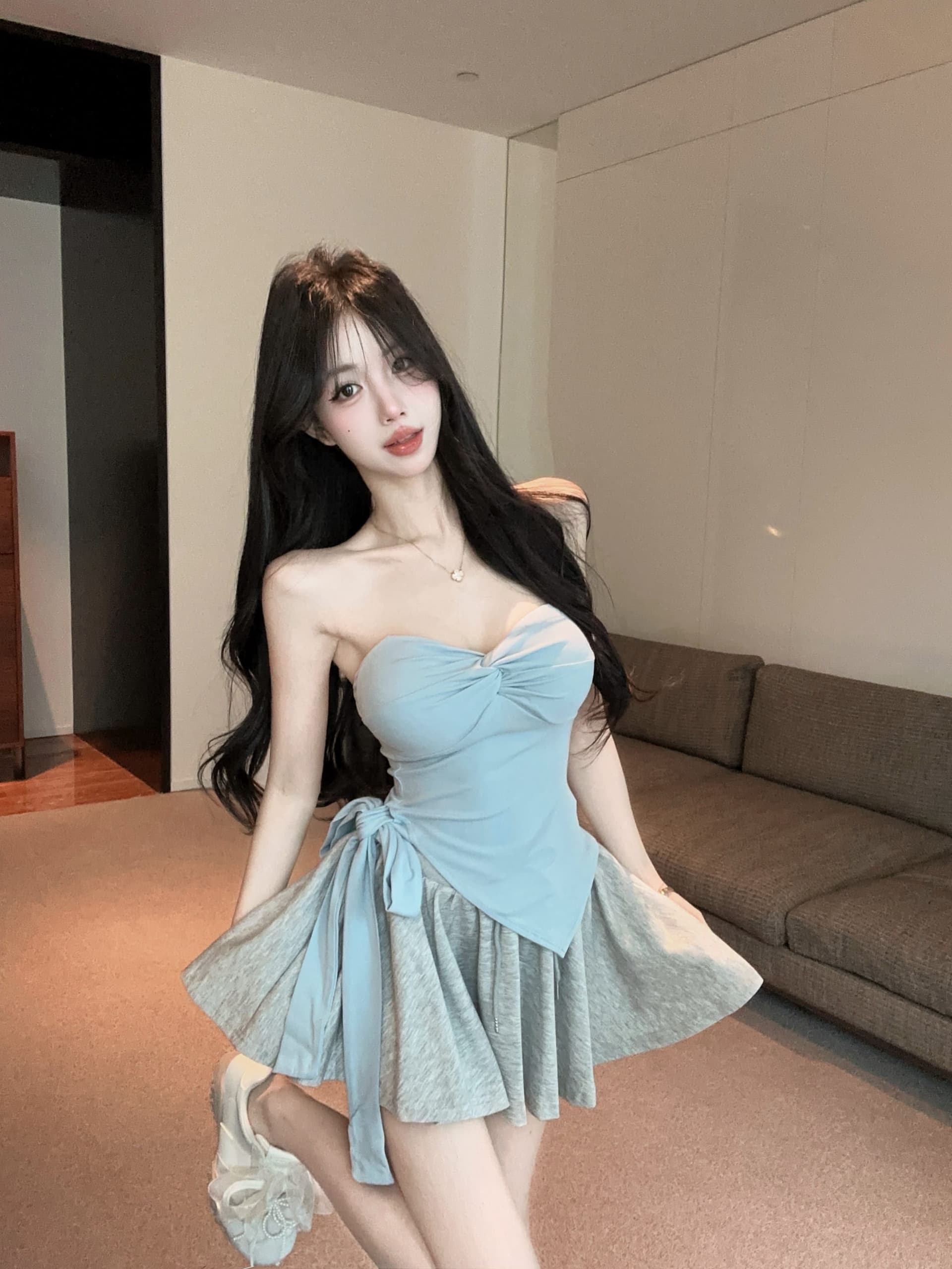실사 정가 벨트 가슴 패드 불규칙 밑단 레이스업 비틀림 포장 가슴 조끼 여성 반신 치마 세트 투피스 세트 상세 이미지 7