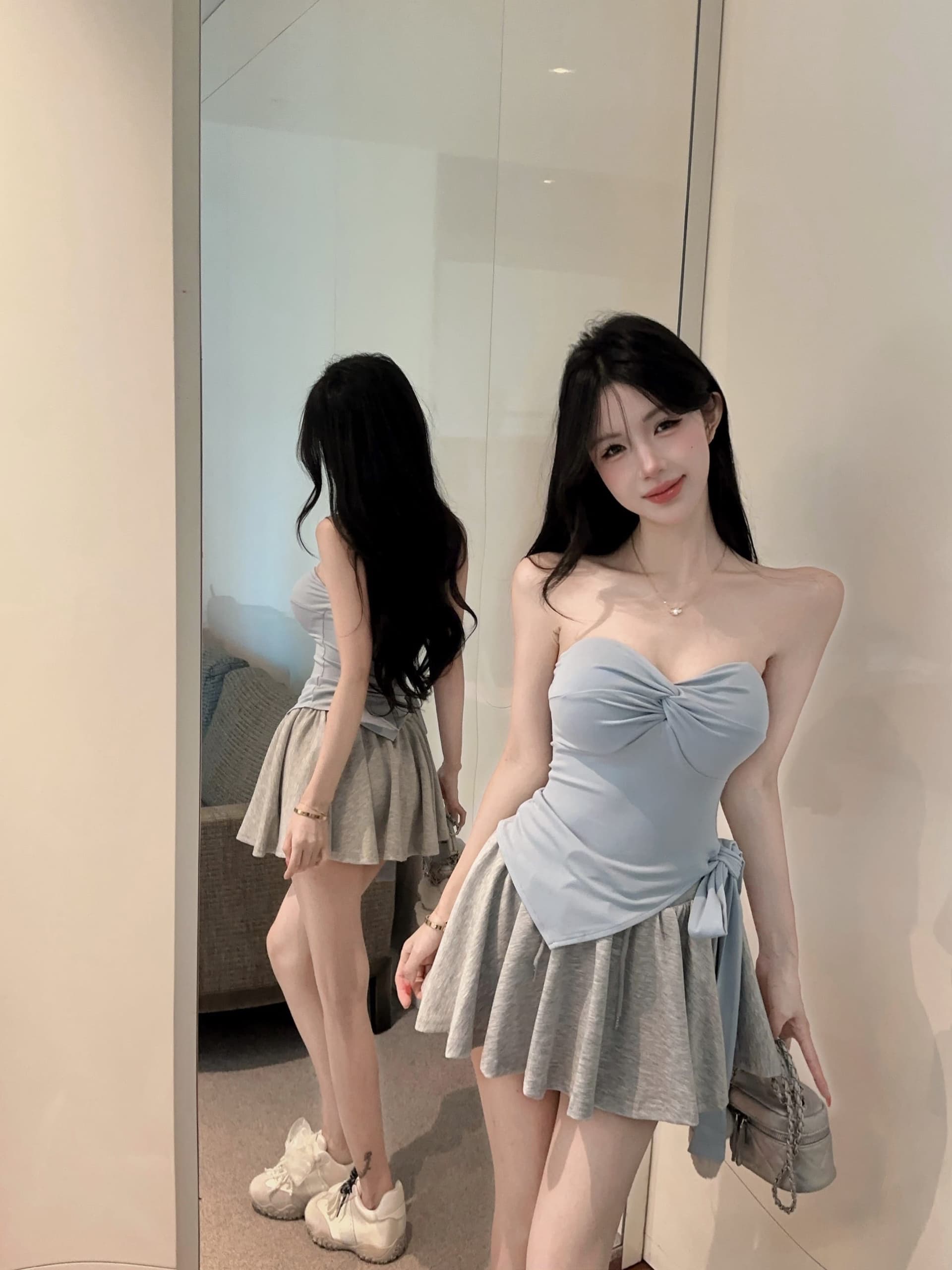 실사 정가 벨트 가슴 패드 불규칙 밑단 레이스업 비틀림 포장 가슴 조끼 여성 반신 치마 세트 투피스 세트 상세 이미지 8