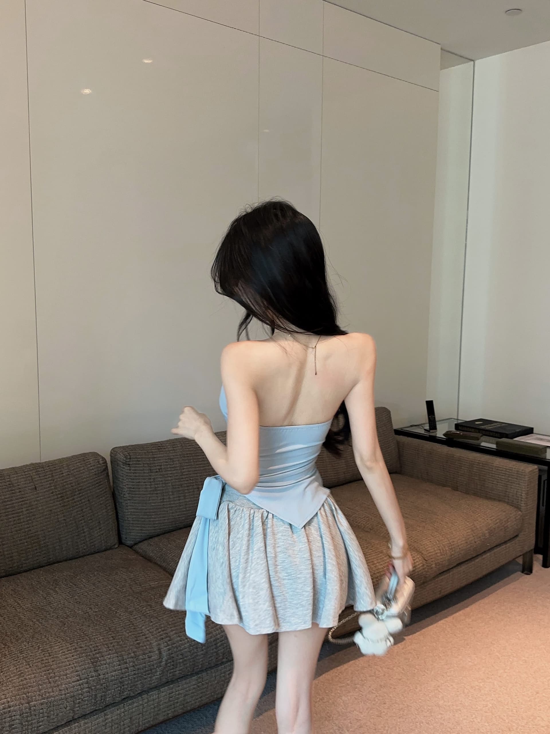 실사 정가 벨트 가슴 패드 불규칙 밑단 레이스업 비틀림 포장 가슴 조끼 여성 반신 치마 세트 투피스 세트 상세 이미지 9