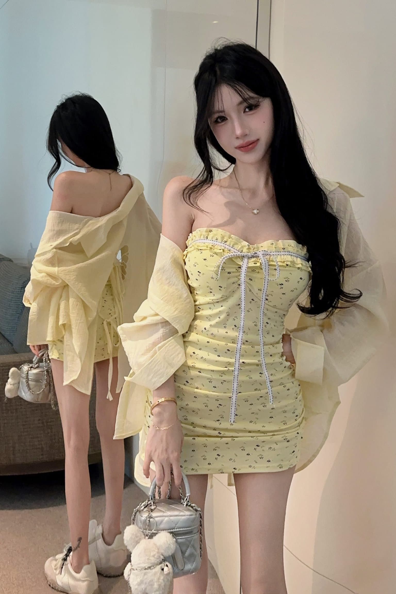 실사 정가 프랑스식 나비 매듭 꽃무늬 몸매 가꾸기 슬림해 보이는 튜브탑 드레스 자외선 차단 셔츠 투피스 슈트 여성 이미지 6